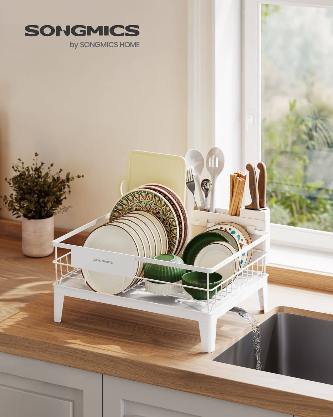 Drehbares Abtropfgestell mit Abtropfschale und Besteckablage Drehbares Abtropfgestell mit Abtropfschale und Besteckablage