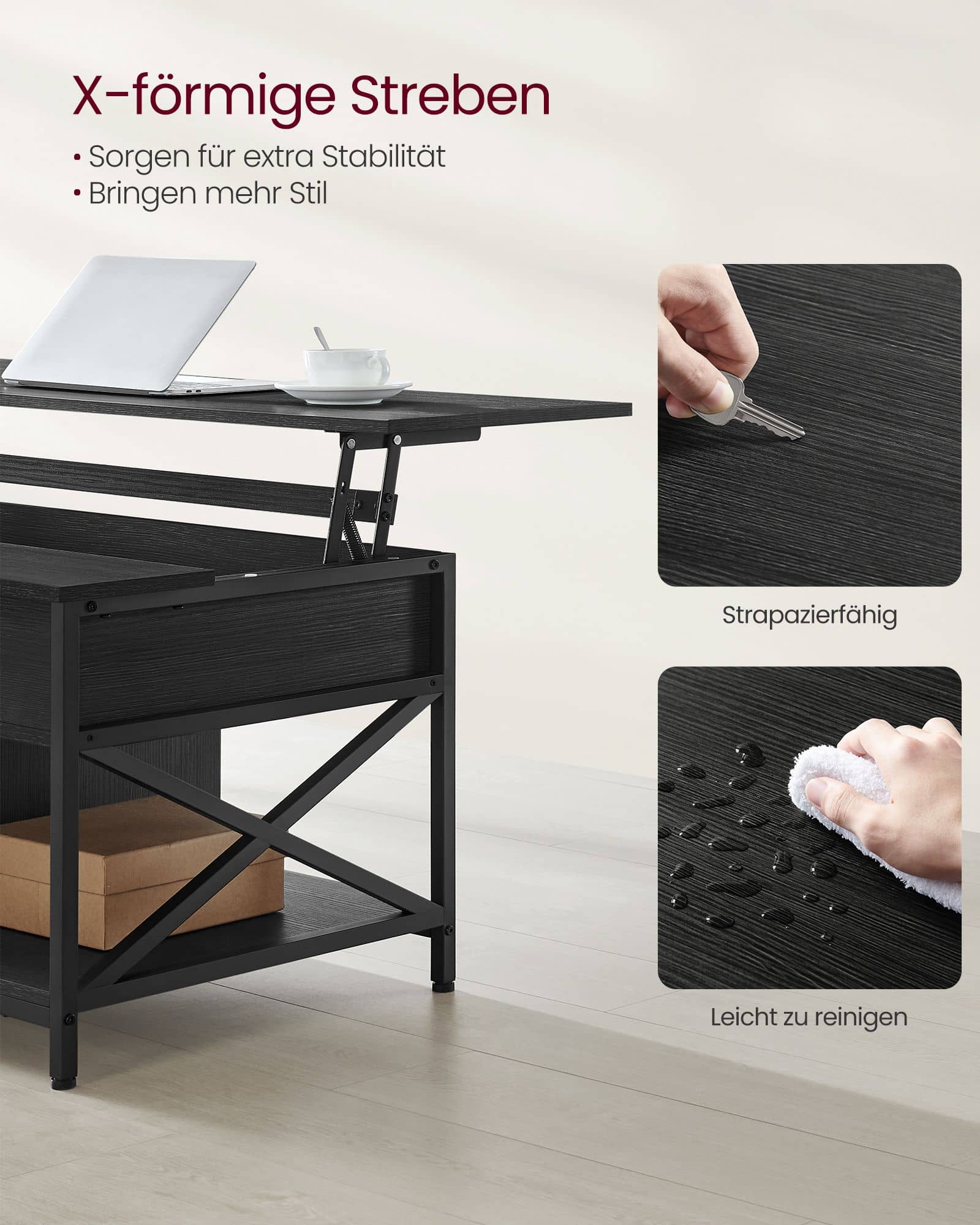 Couchtisch höhenverstellbar mit verstecktem Stauraum anthrazitgrau-schwarz