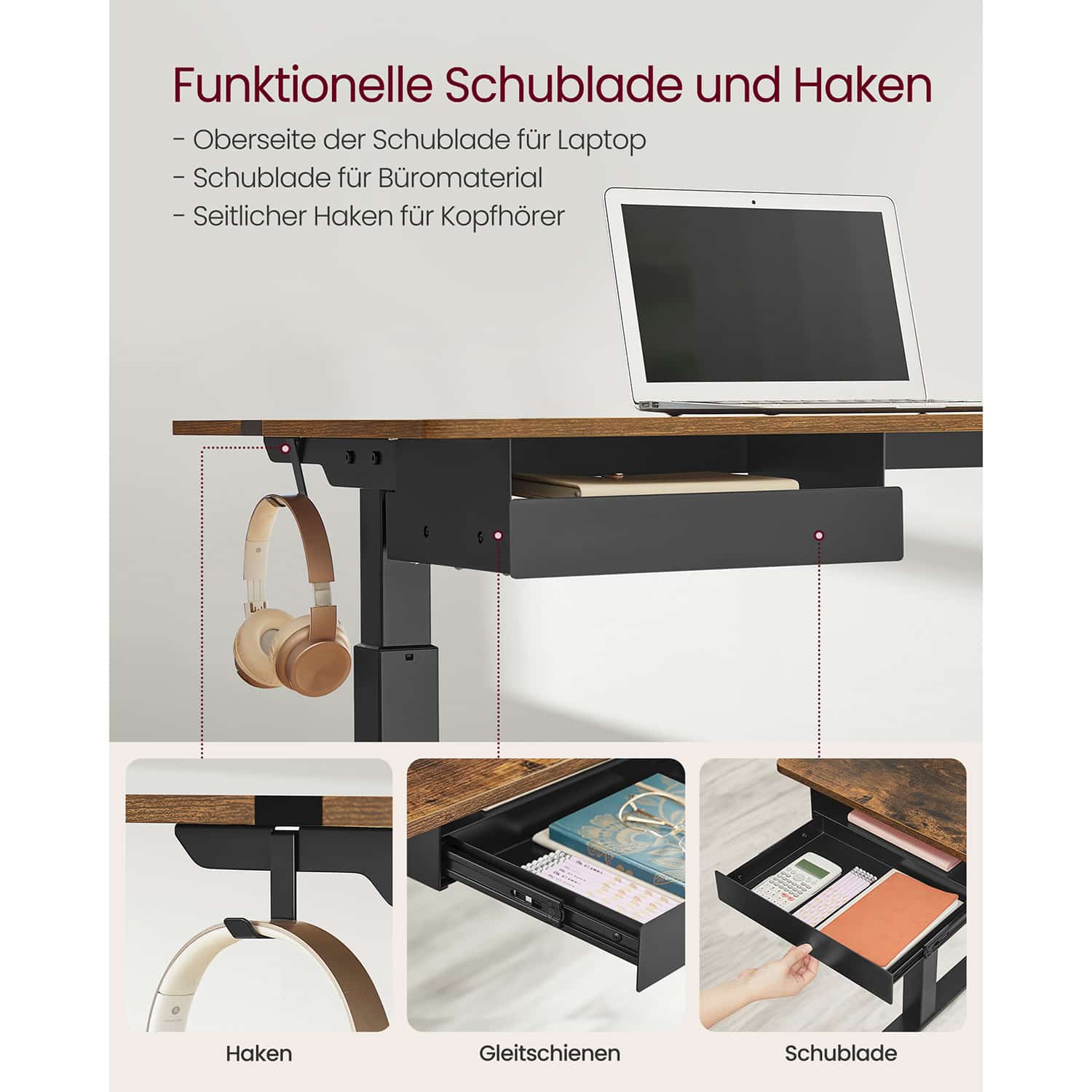 Höhenverstellbarer Schreibtisch 60 x 120 cm vintagebraun-schwarz-B34LSD112X01 Höhenverstellbarer Schreibtisch 60 x 120 cm vintagebraun-schwarz-B34LSD112X01