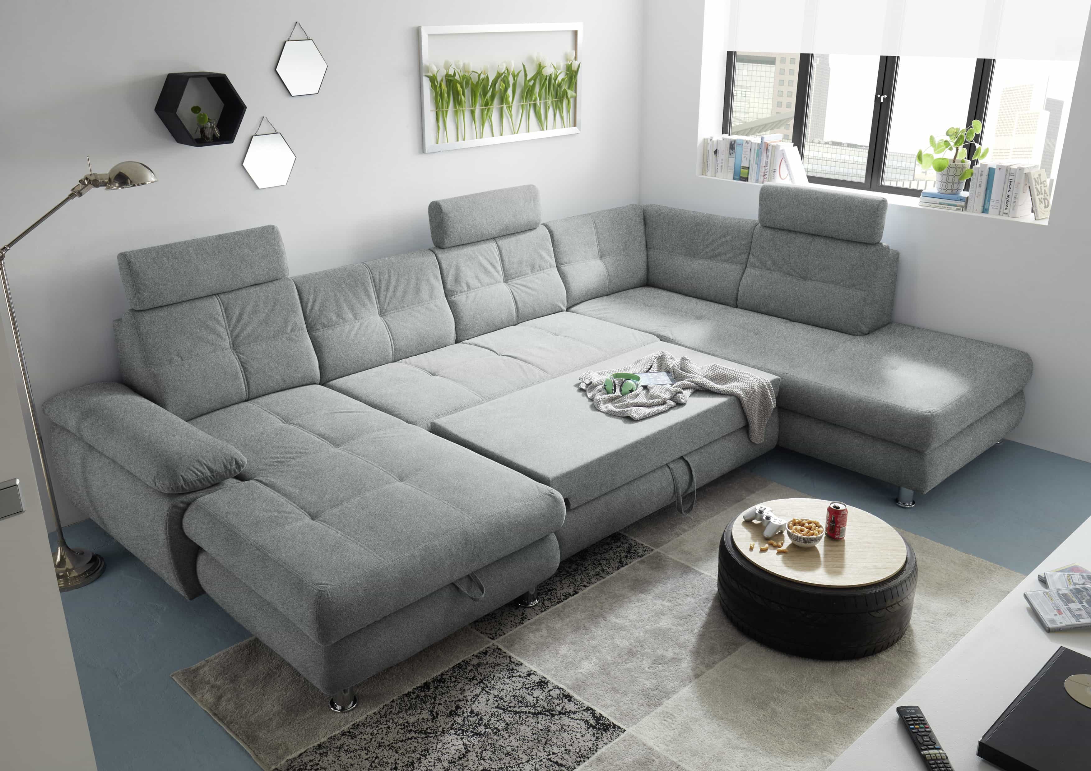 Wohnlandschaft Alba von ED Exciting Design mit Schlaffunktion & Bettkasten – U-Form Sofa aus hochwertigem Brego-Stoff