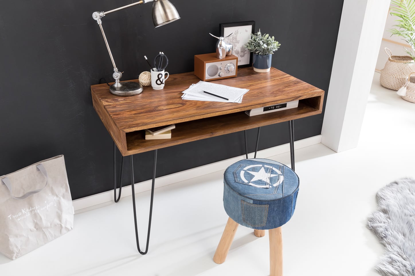 41901-WOHNLING-Schreibtisch-BAGLI-mit-Ablage-110x60 Schreibtisch BAGLI braun 110 x 60 x 76 cm Massiv Holz Laptoptisch Sheesham Natur