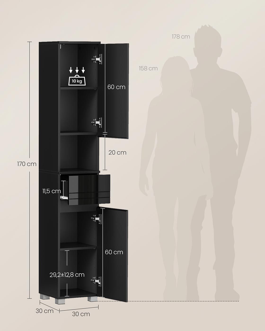 Schmaler Hochschrank mit Glastür und Füßen Tintenschwarz