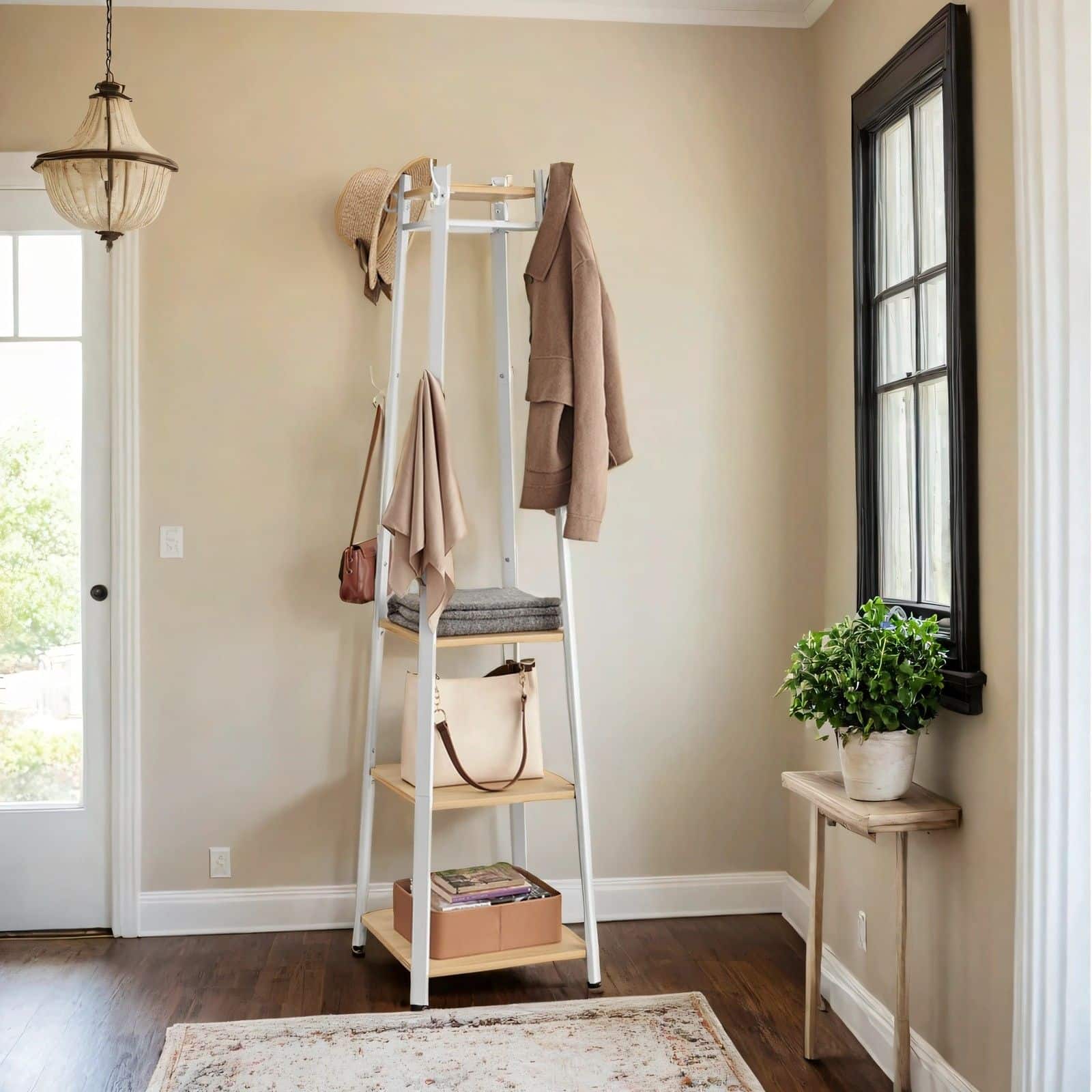 Garderobenständer, Kleiderständer, Garderobe mit 4 Ablagen Garderobenständer, Kleiderständer, Garderobe mit 4 Ablagen