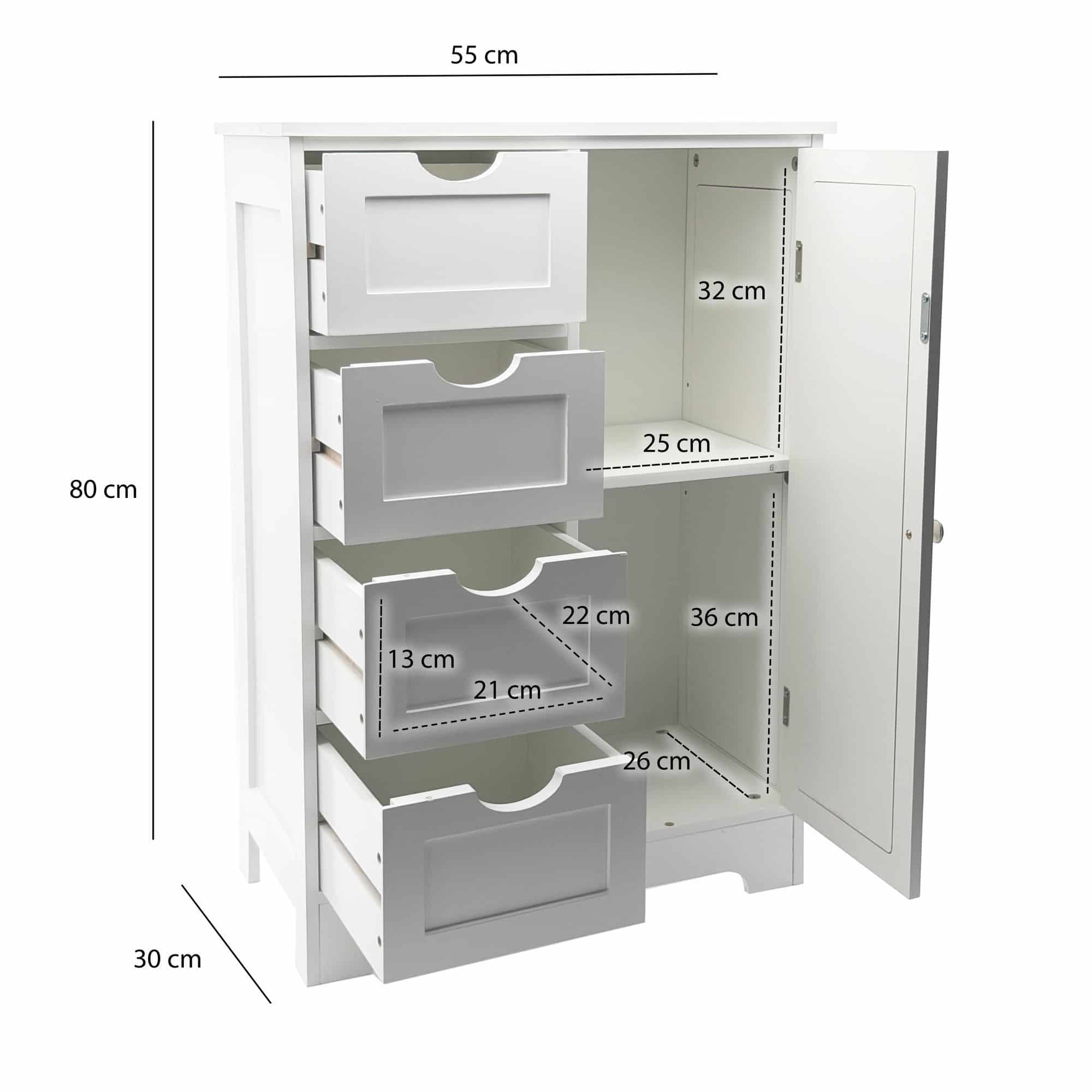 schmaler Standschrank mit Schubladen und Tür 55x80 cm – Aufbewahrungsschrank aus MDF Weiß – Kommode mit Rattan Geflecht – Schrank für Flur und Wohnzimmer – Schubladenkommode modern