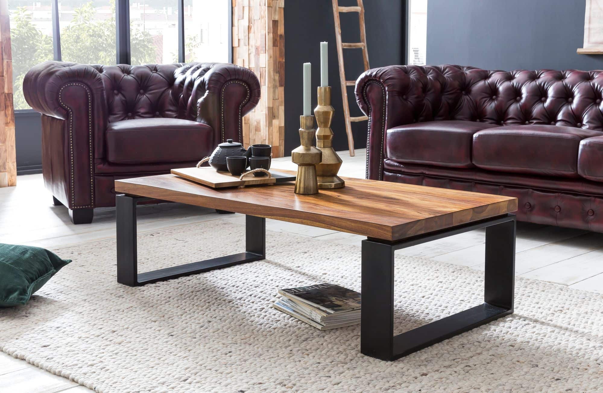 Couchtisch WL5.650 Sheesham 115x35x60 cm Massiv Holz Sofatisch mit Metallgestell Couchtisch WL5.650 Sheesham 115x35x60 cm Massiv Holz Sofatisch mit Metallgestell