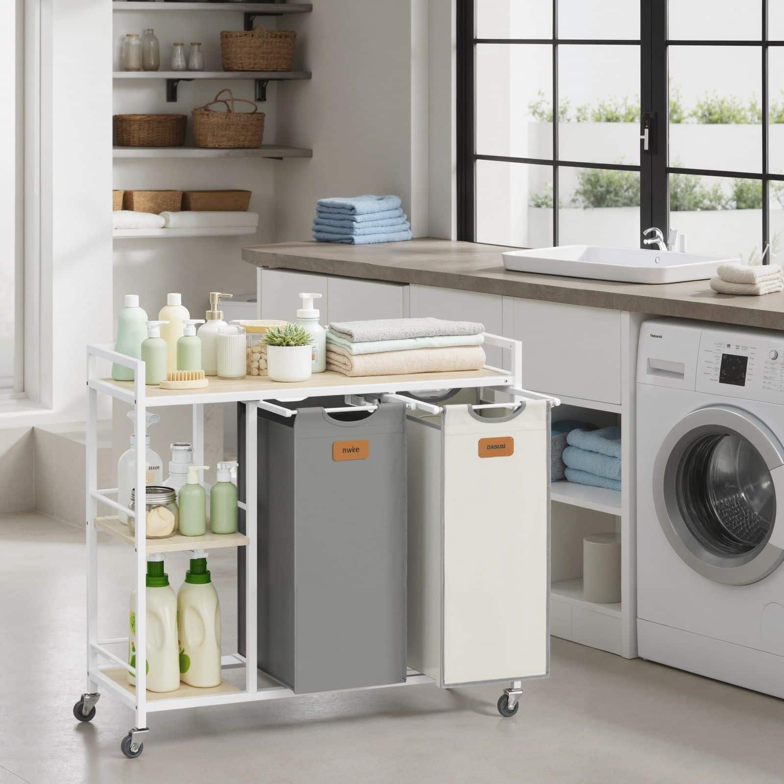 Wäschekorb 2 Fächer, Wäschesammler 100 L, Wäschesortierer