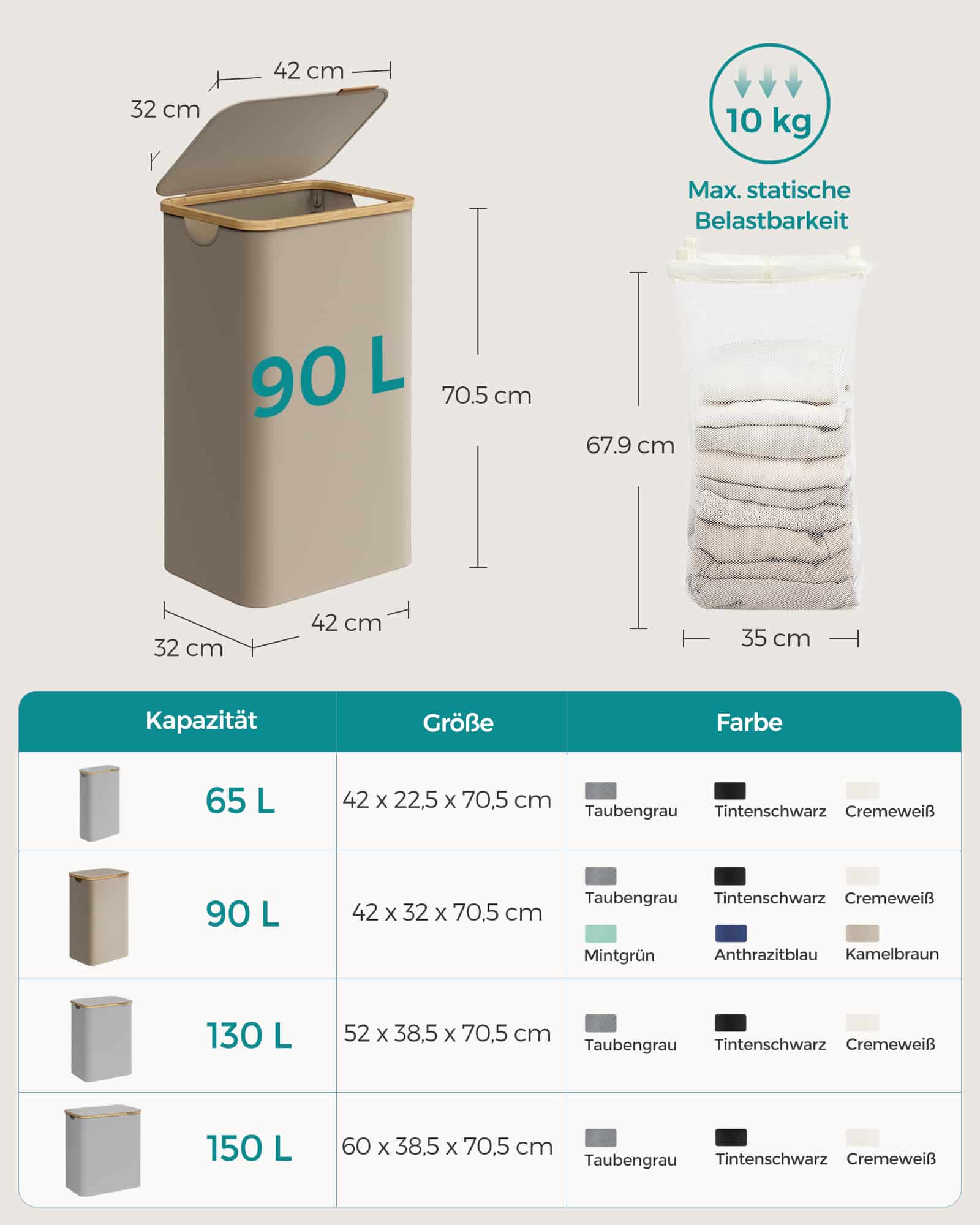 Wäschekorb 90 Liter mit herausnehmbarem Wäschesack kamelbraun