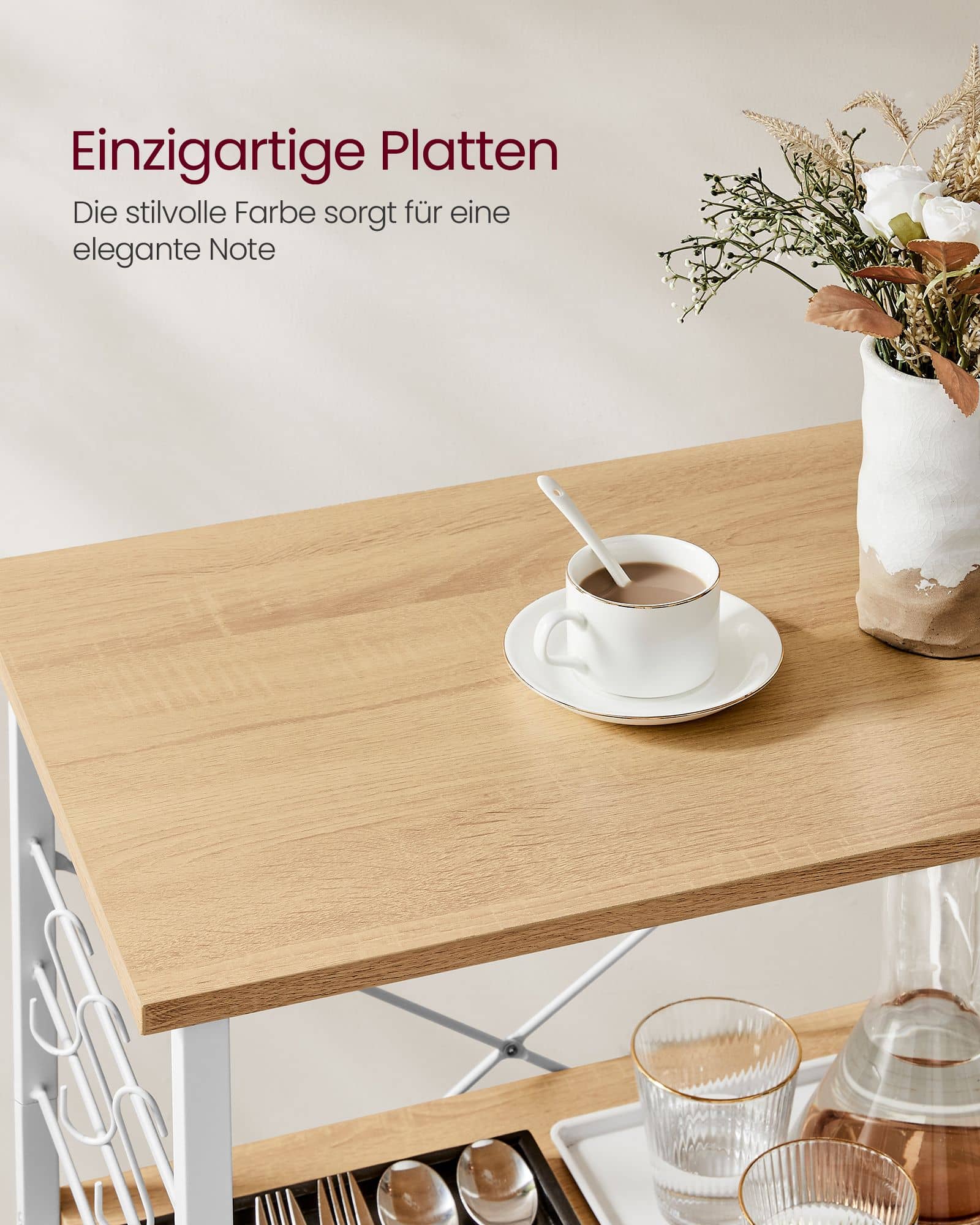 VASAGLE Küchenregal Rollen Goldeiche-Wolkenweiß