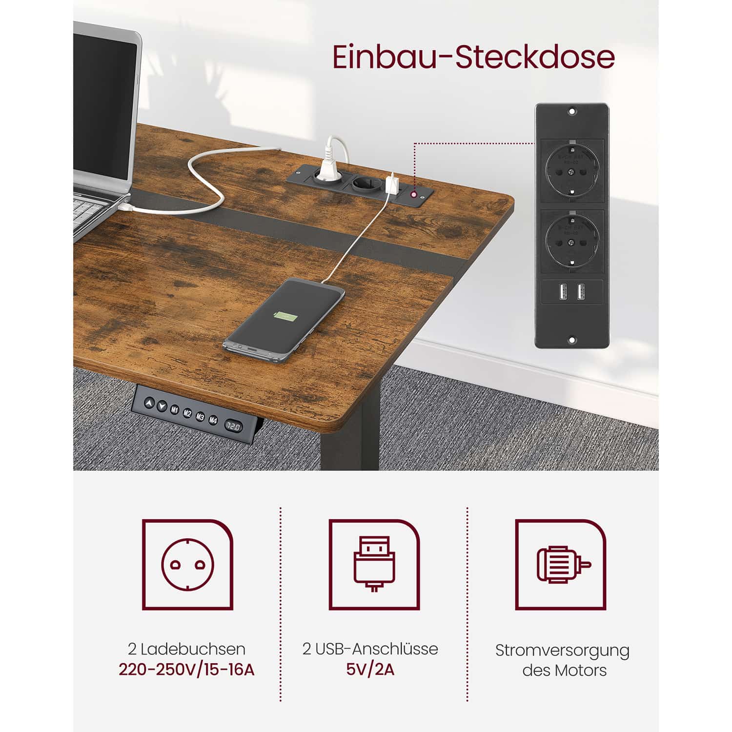 Höhenverstellbarer Schreibtisch 60 x 140 cm vintagebraun-schwarz-B34LSD114X01