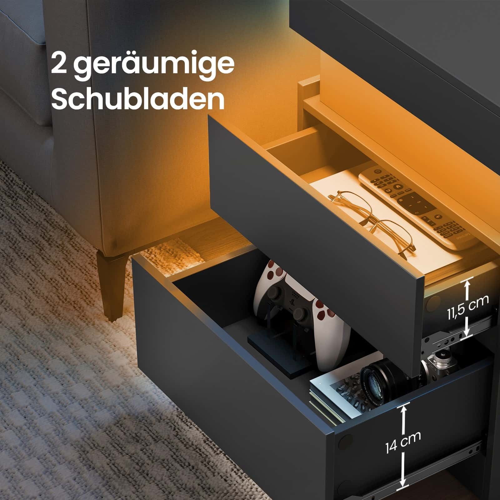 Beistelltisch mit Ladestation, 2er Set, Nachttisch mit Beleuchtung