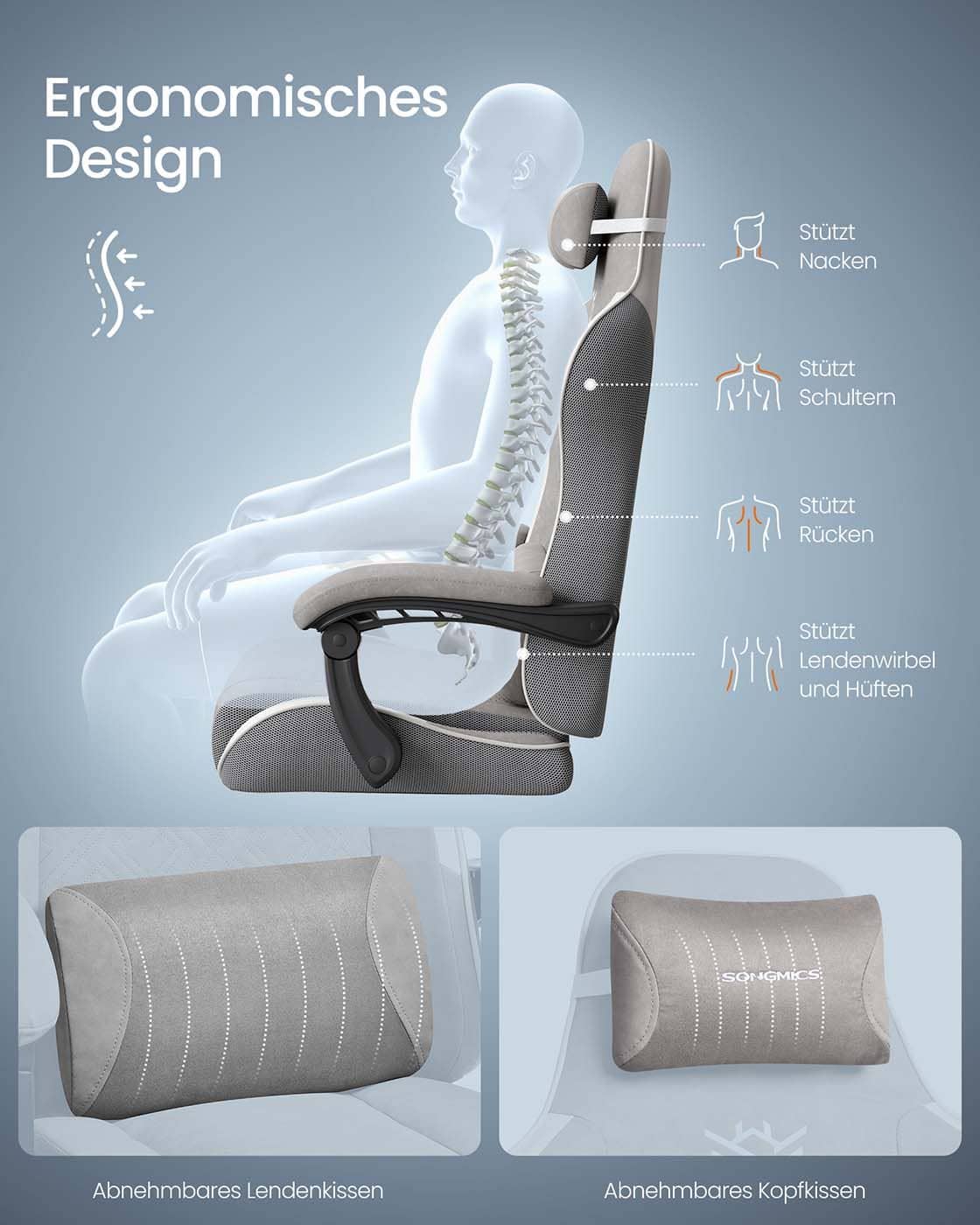 Ergonomischer Gaming Stuhl mit Fußstütze und Federkissen Ergonomischer Gaming Stuhl mit Fußstütze und Federkissen