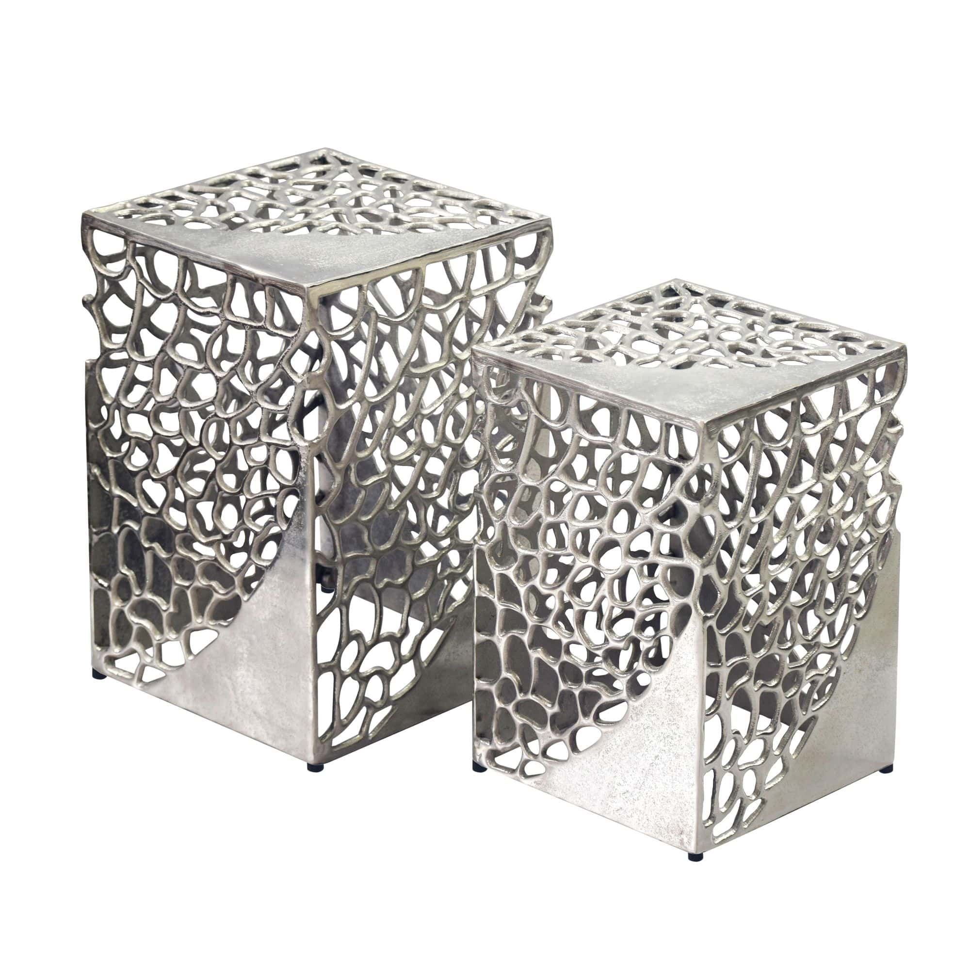 2er Set Beistelltisch Aluminium Silber - Design Couchtisch Set - Metalltisch Wohnzimmertisch modern Alu - Sofatisch quadratisch Metall - Loungetisch Set Satztisch Handmade