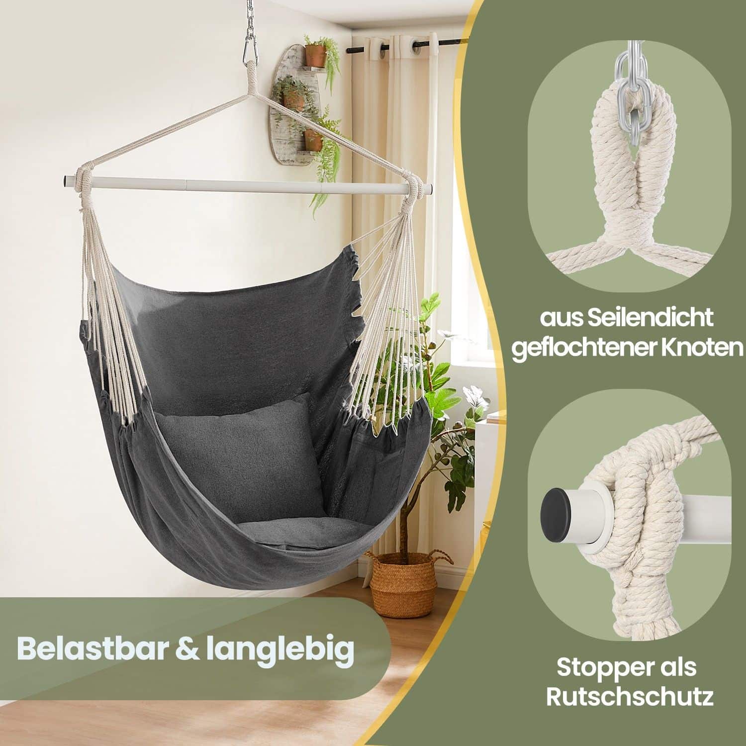 Hängesessel, Hängeschaukel mit 2 Kissen, Hängestuhl Hängesessel, Hängeschaukel mit 2 Kissen, Hängestuhl