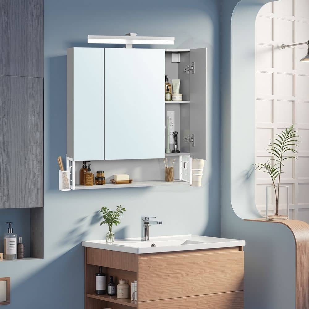 Wandschrank mit 3 Türen, Spiegel, Mehrfachsteckdose Wandschrank mit 3 Türen, Spiegel, Mehrfachsteckdose