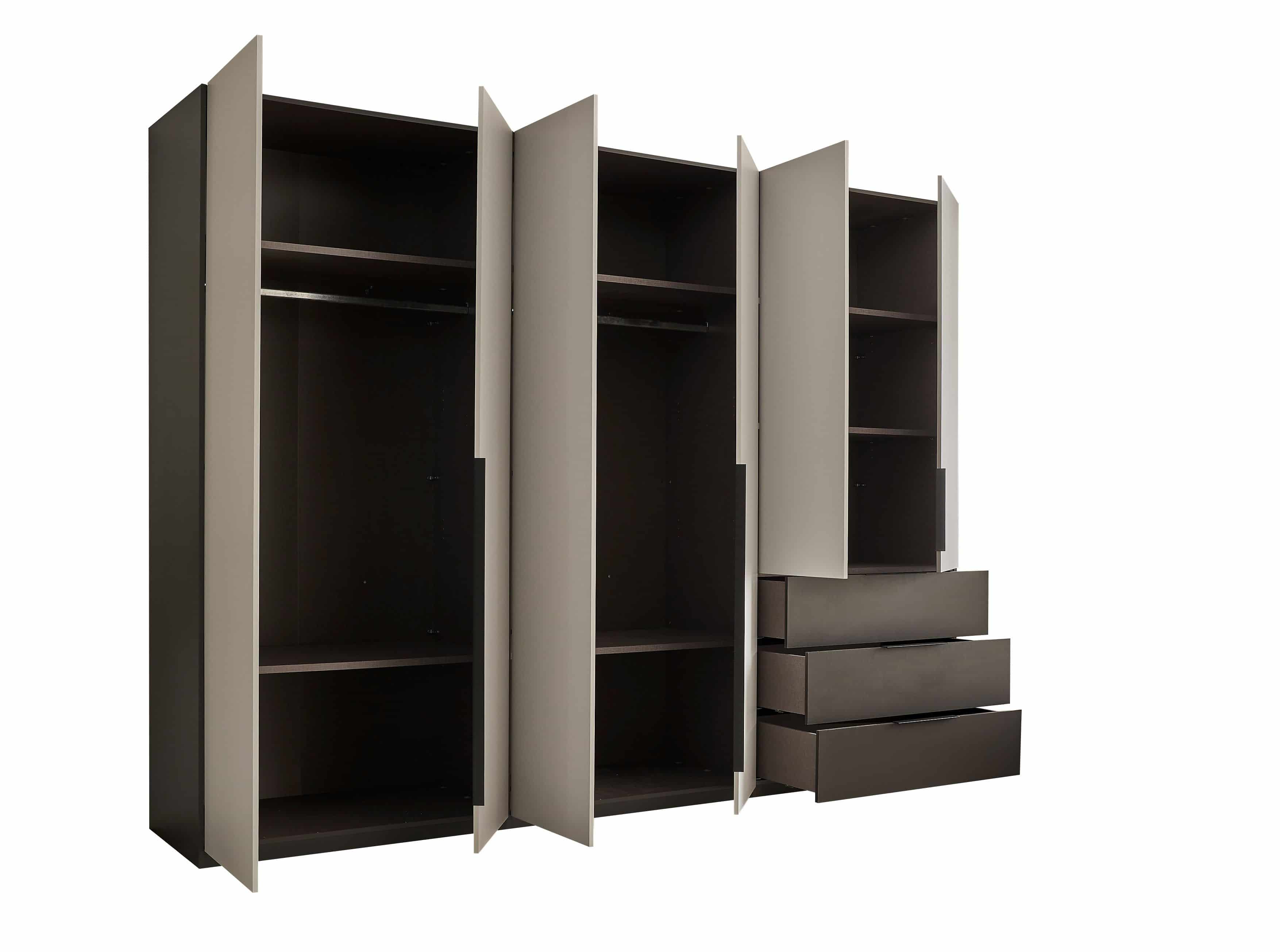 Nuka Kleiderschrank graphitgrau/hellgrau – 300 cm breit, mit Schubladen & Drehtüren, modernes Design Nuka Kleiderschrank graphitgrau/hellgrau – 300 cm breit, mit Schubladen & Drehtüren, modernes Design