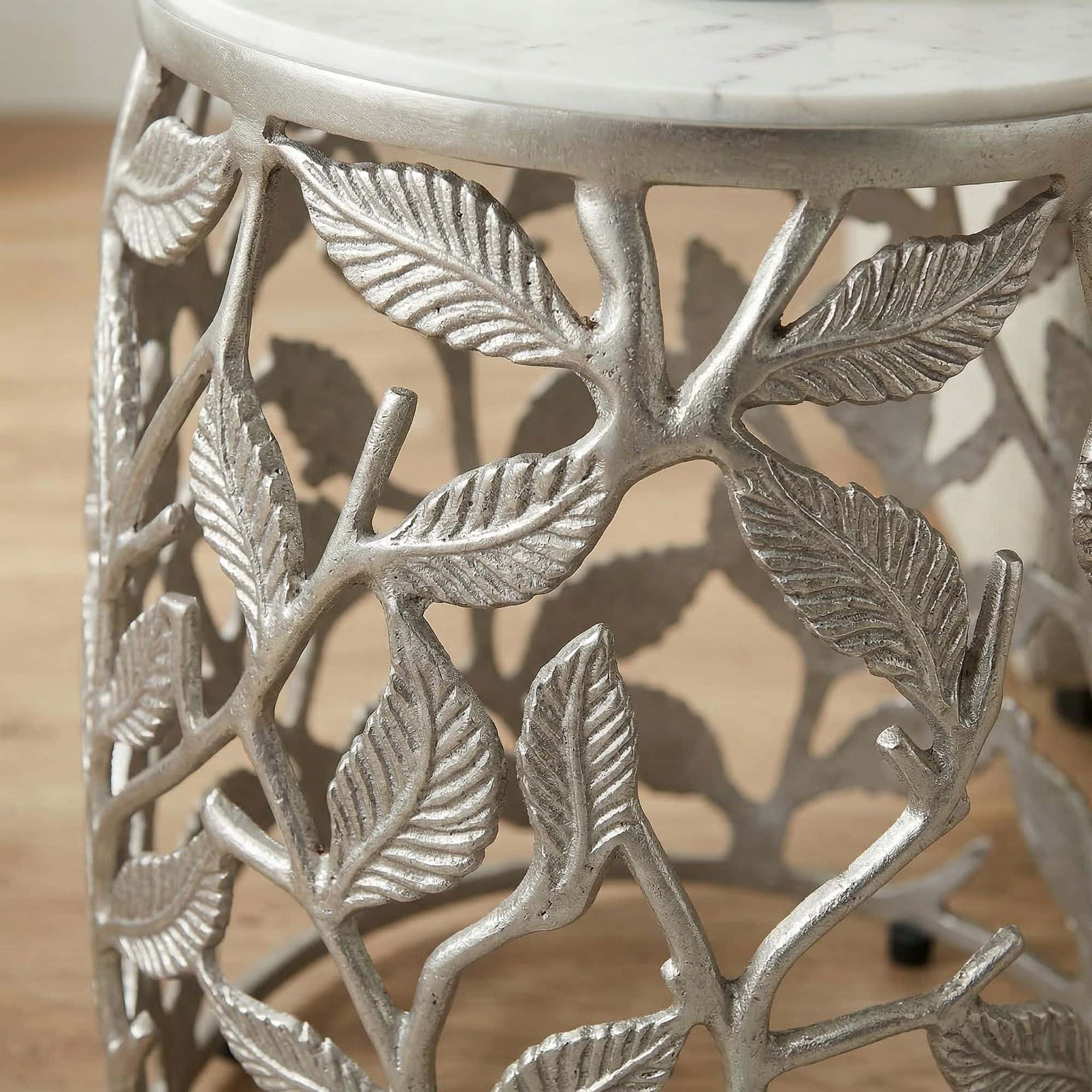 Beistelltisch 40cm Silber mit weißer Marmor Tischplatte - Couchtisch klein rund - Sofatisch Alu modern - Wohnzimmertisch Aluminium - Design Tisch Metallgestell Handmade