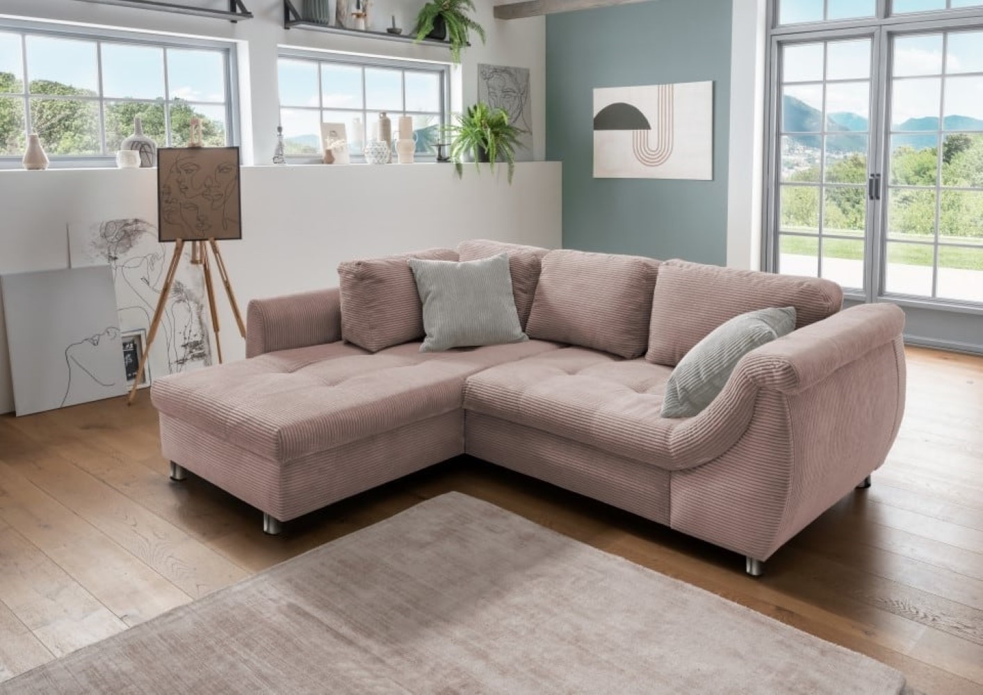 Stylisches Ecksofa Agira mit Schlaffunktion in elegantem Cord Stoff – Verschiedene Farben erhältlich Stylisches Ecksofa Agira mit Schlaffunktion in elegantem Cord Stoff – Verschiedene Farben erhältlich