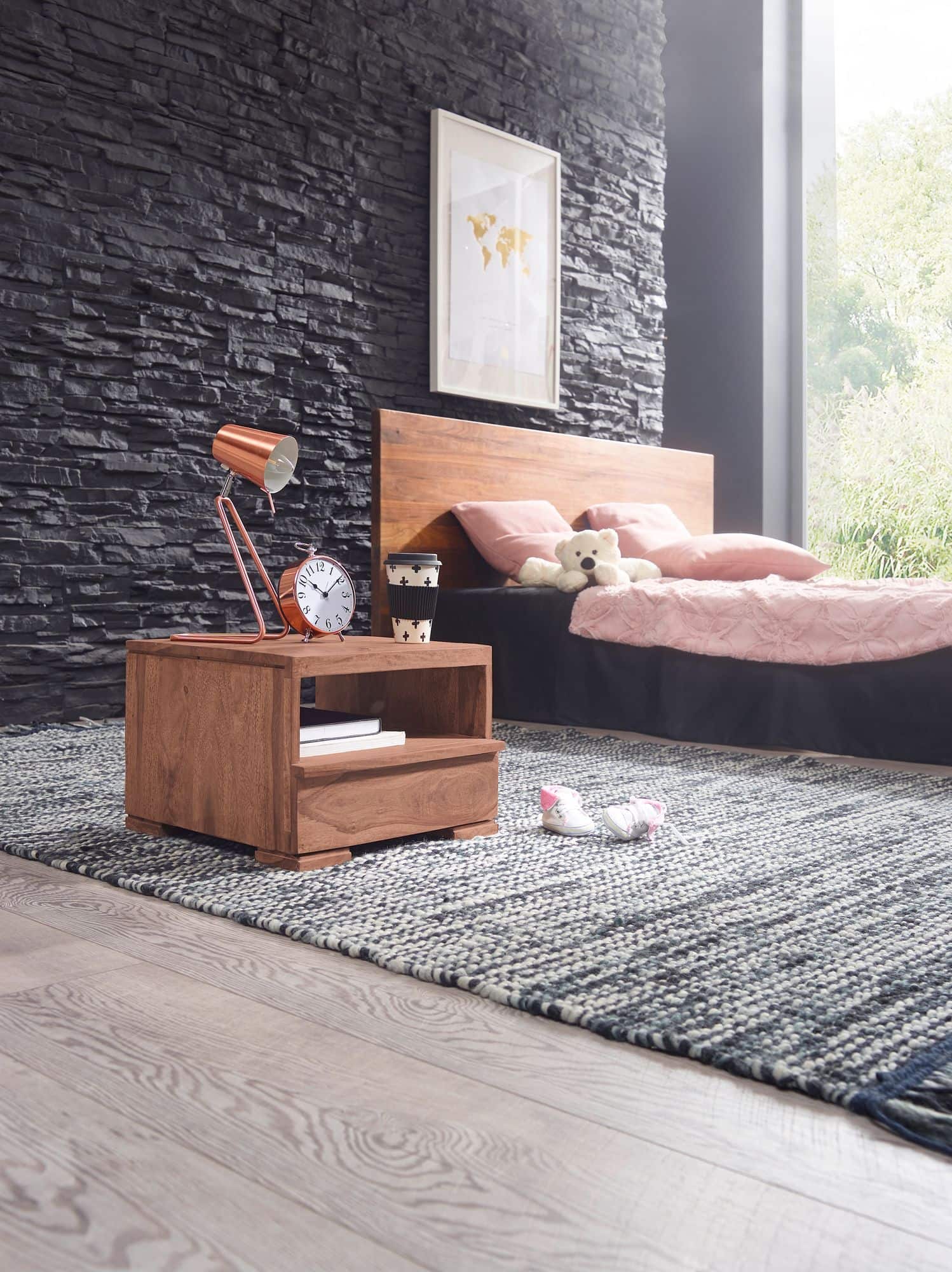 38522-WOHNLING-Nachttisch-MUMBAI-Massiv-Holz-Akaz_1 Nachttisch MUMBAI Massiv-Holz Akazie Nacht-Kommode 30 cm 1 Schublade Ablage Nachtschrank Landhaus-Stil Echt-Holz