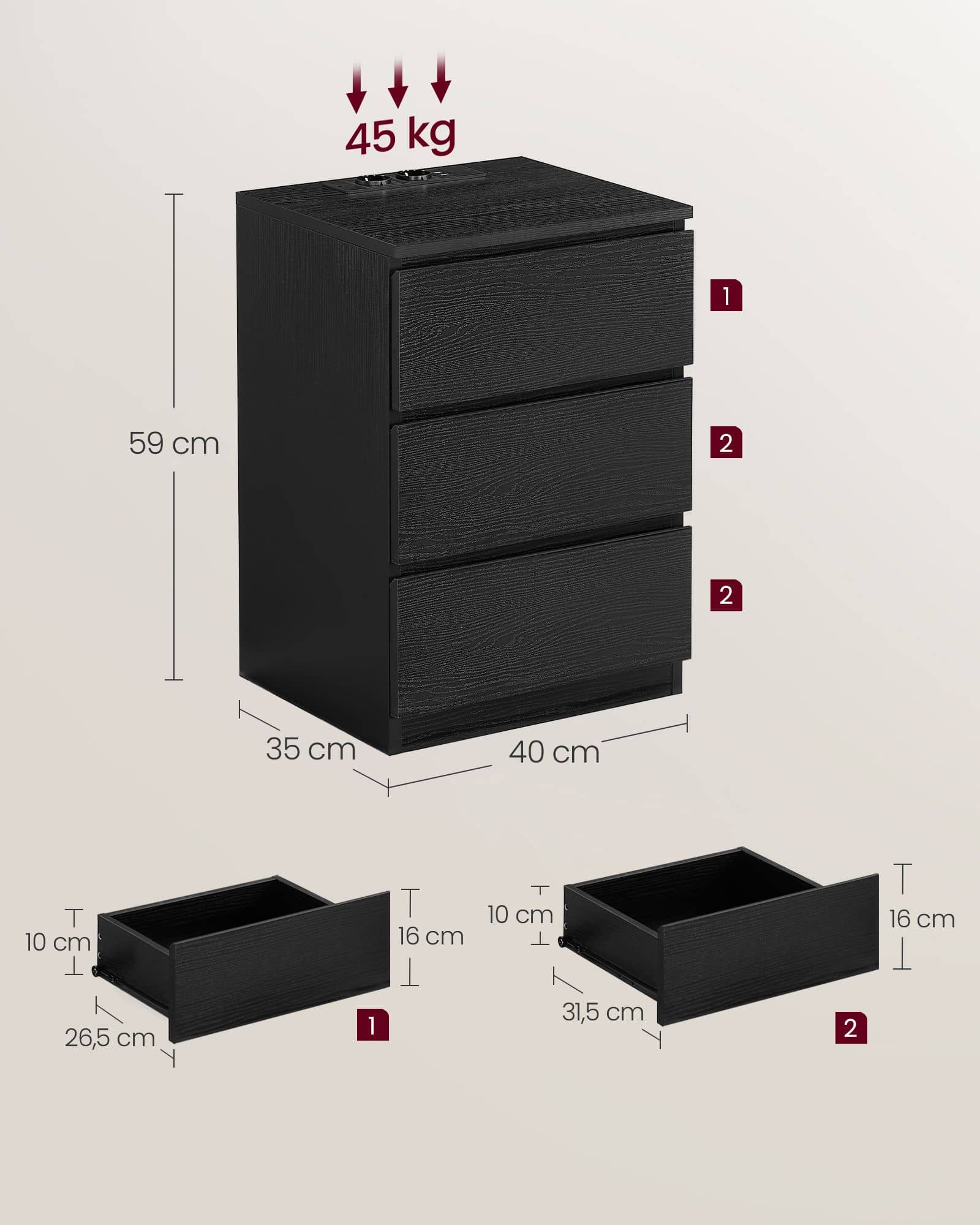 Nachttisch 2er Set 2 USB-Anschlüsse modern ebenholzschwarz Nachttisch 2er Set 2 USB-Anschlüsse modern ebenholzschwarz