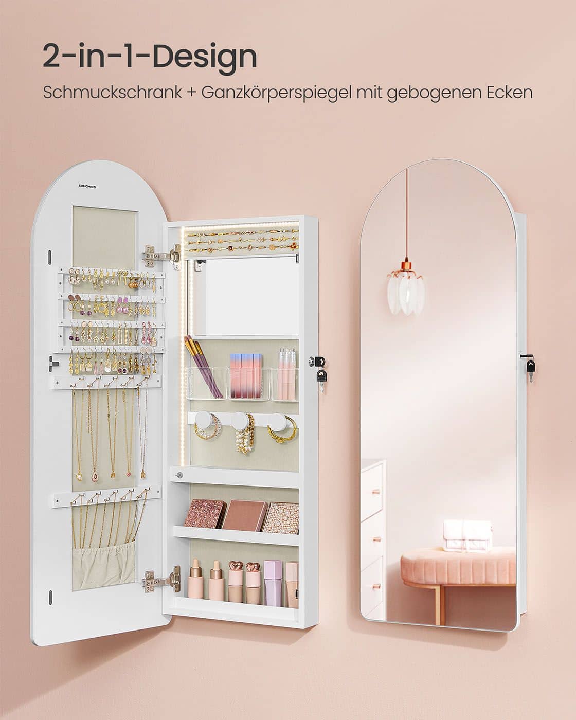 Schmuckschrank mit LED-Beleuchtung und Innenspiegel wolkenweiß Schmuckschrank mit LED-Beleuchtung und Innenspiegel wolkenweiß