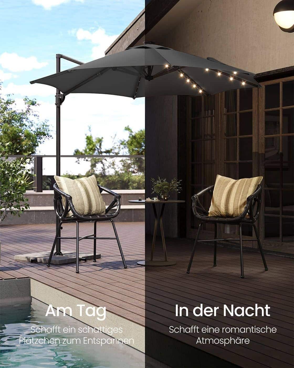 Sonnenschirm 300 cm UPF 50+ mit 28 Solar-LED-Leuchten grau Sonnenschirm 300 cm UPF 50+ mit 28 Solar-LED-Leuchten grau