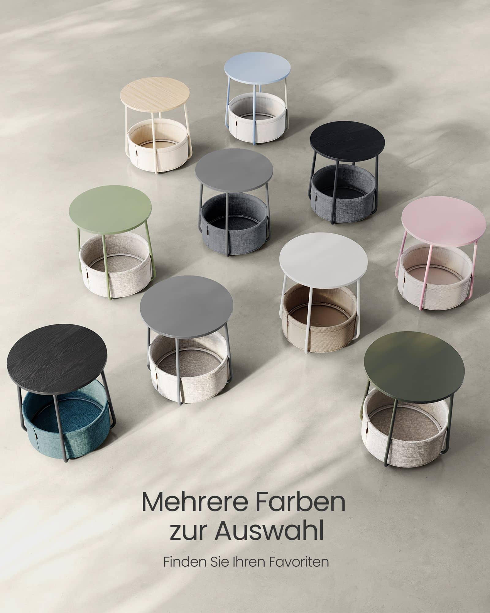 Beistelltisch rund mit Korb aus Stoff Beistelltisch rund mit Korb aus Stoff