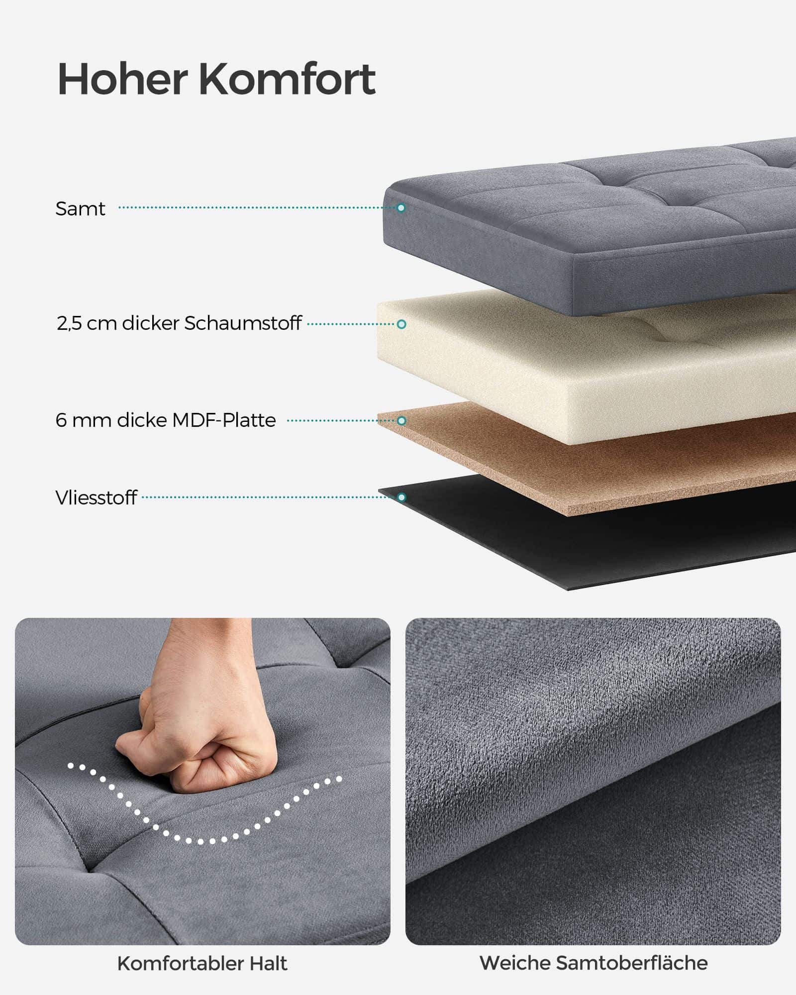 Sitzbank mit Stauraum aus Samt für Flur schiefergrau Sitzbank mit Stauraum aus Samt für Flur schiefergrau