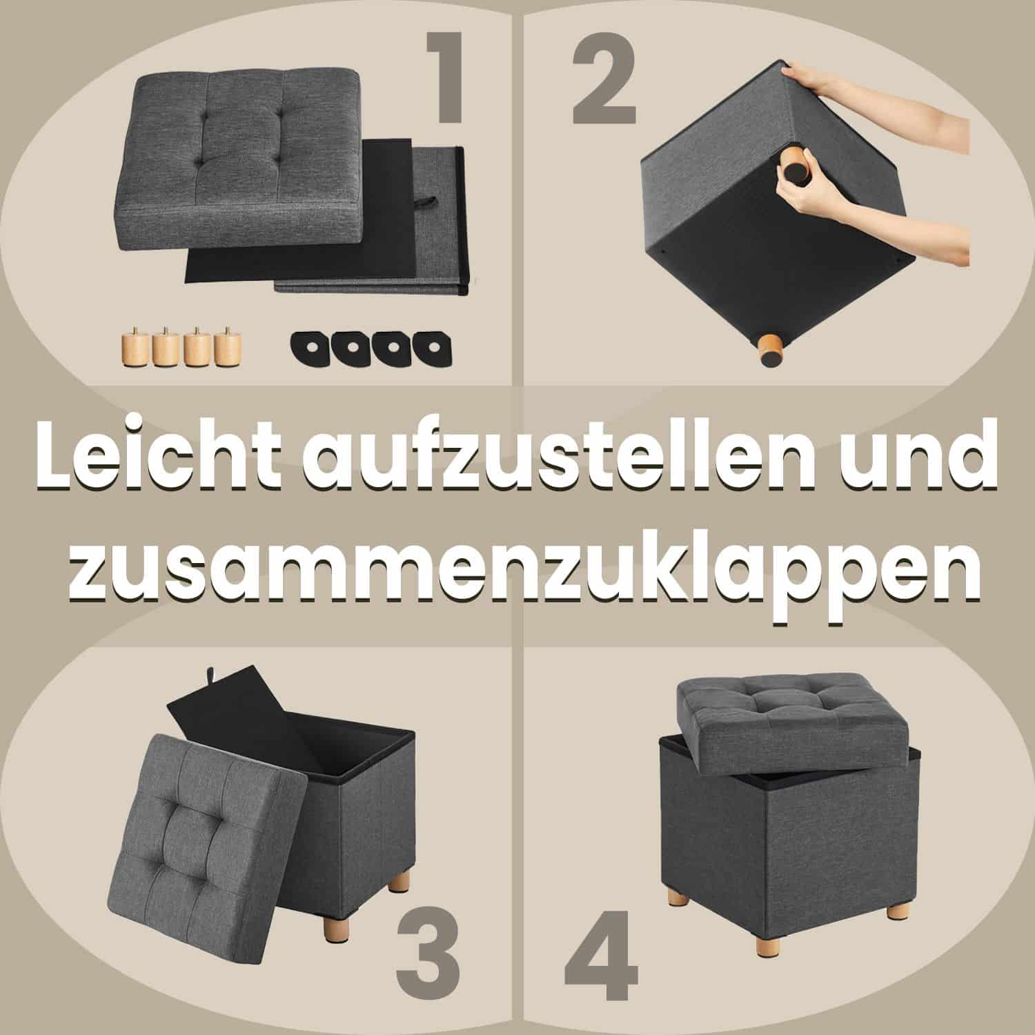 Sitzhocker mit Stauraum, kleine klappbare Sitzbank, 38 x 38 x 40 cm