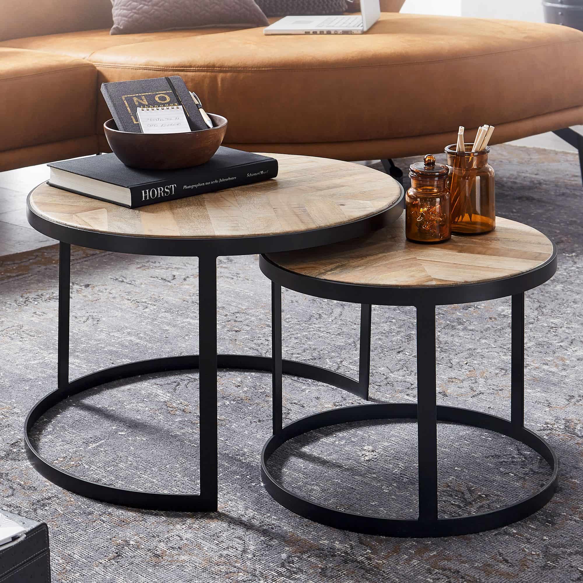 Couchtisch 2er Set Massivholz / Metall Wohnzimmertisch Industrial Rund Couchtisch 2er Set Massivholz / Metall Wohnzimmertisch Industrial Rund
