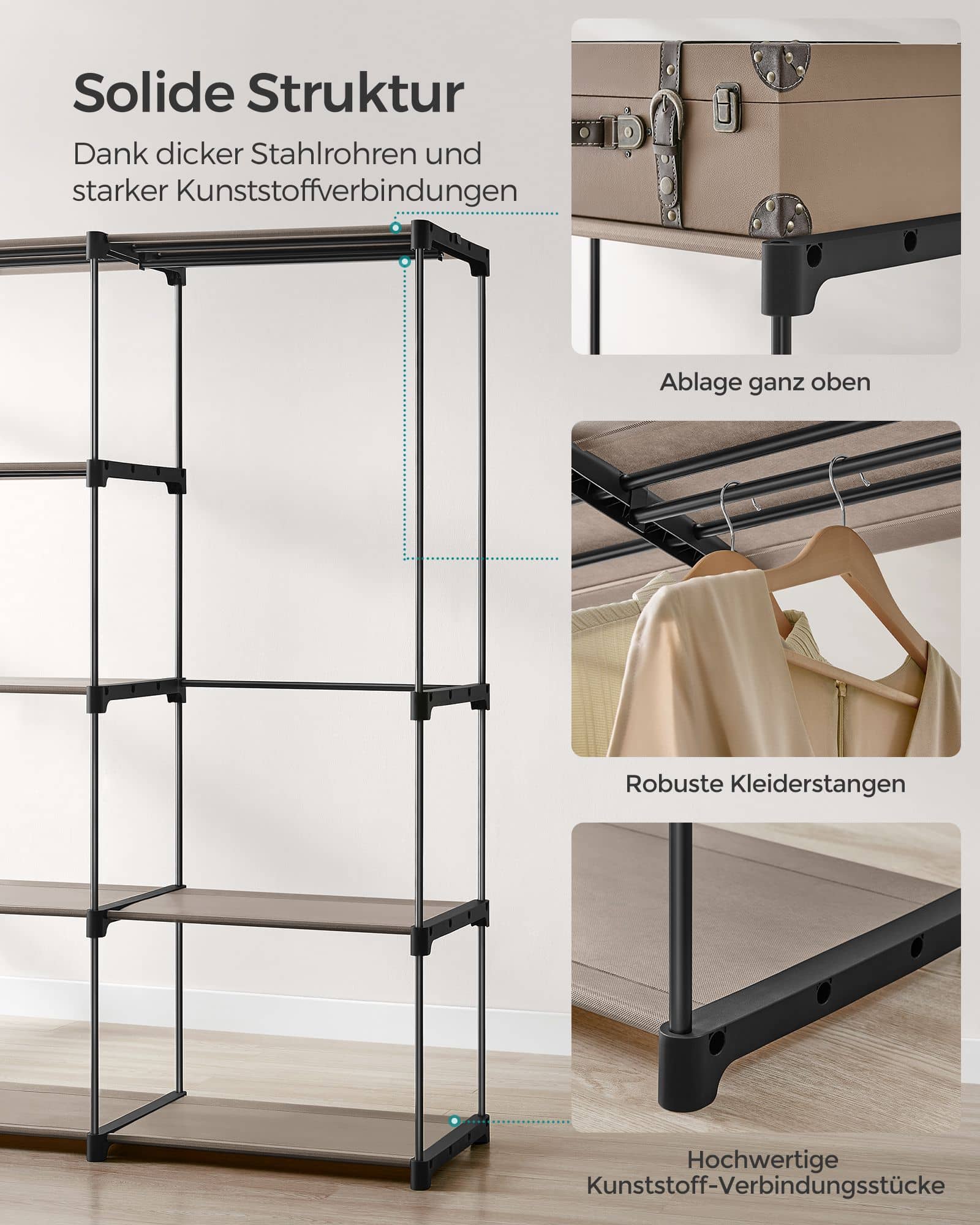 SONGMICS Kleiderschrank in Taupe – Freistehende Garderobe mit Kleiderstangen SONGMICS Kleiderschrank in Taupe – Freistehende Garderobe mit Kleiderstangen