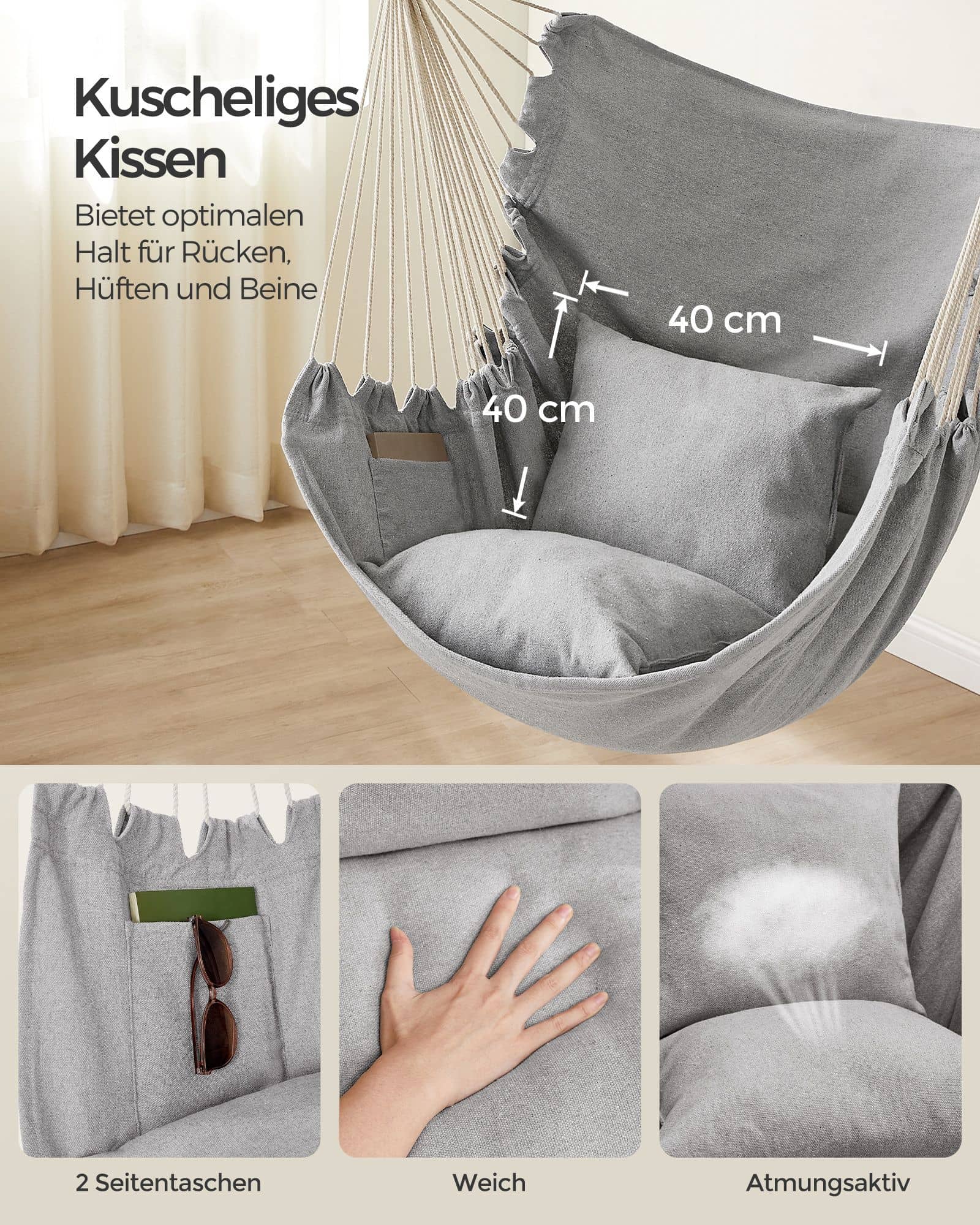 Hängesessel mit 2 Kissen und Metallkette taubengrau Hängesessel mit 2 Kissen und Metallkette taubengrau