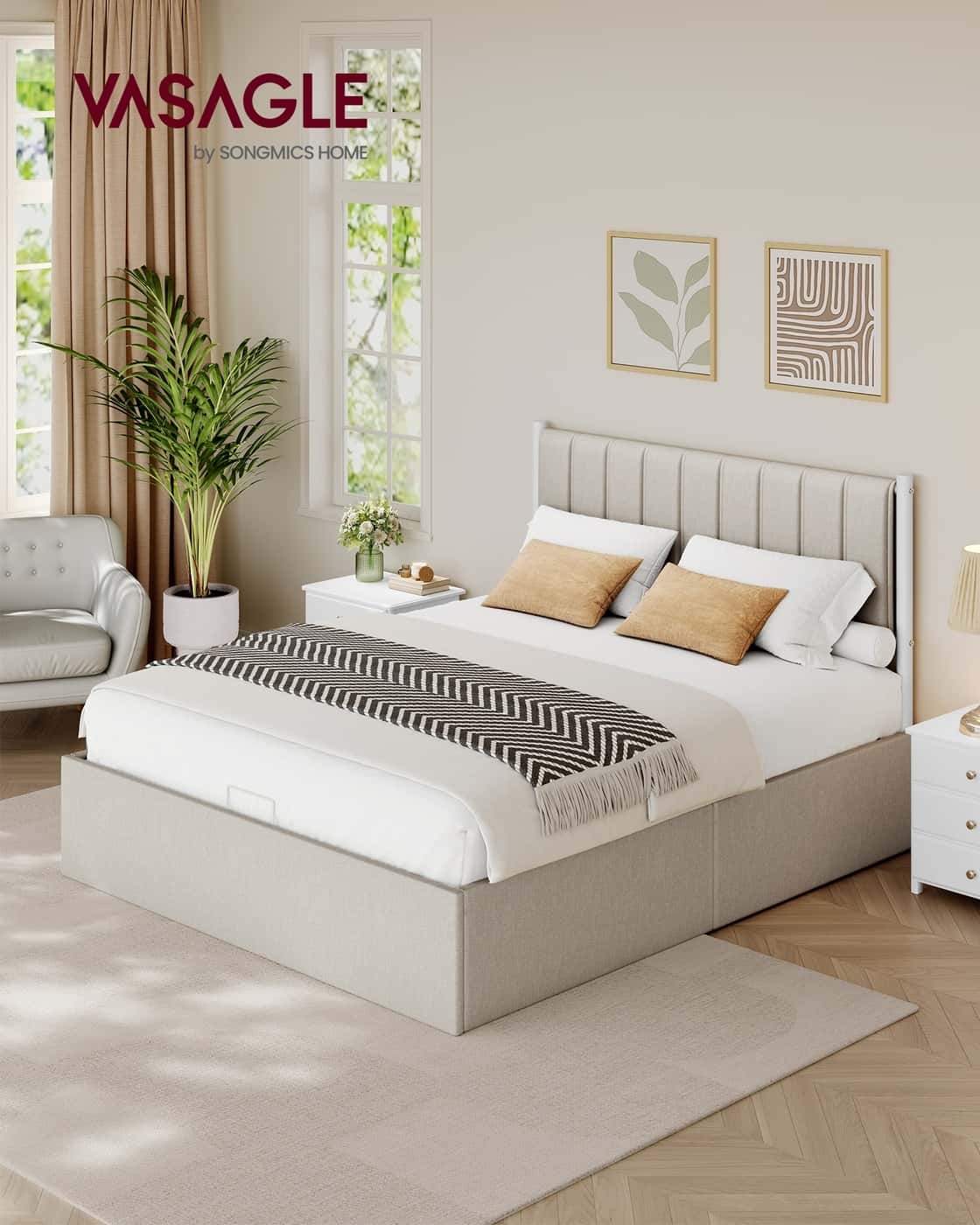 Bettgestell 160 x 200 cm mit Unterbettaufbewahrung Kopfteil cappuccinobeig Bettgestell 160 x 200 cm mit Unterbettaufbewahrung Kopfteil cappuccinobeig