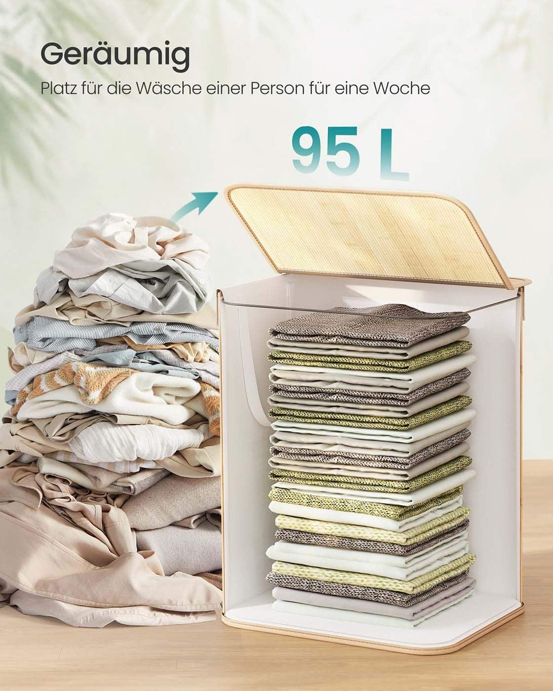 Wäschekorb aus Bambus mit Deckel und Griffen Naturfarben