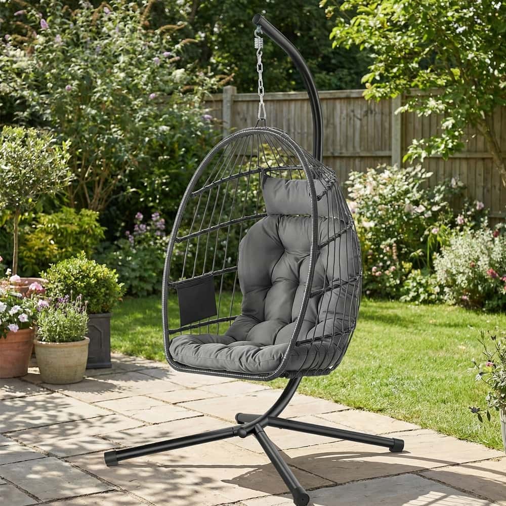 Schaukelstuhl mit Gestell, klappbarer Korbsessel höhenverstellbar, Hängeschaukel für Garten Balkon Schaukelstuhl mit Gestell, klappbarer Korbsessel höhenverstellbar, Hängeschaukel für Garten Balkon