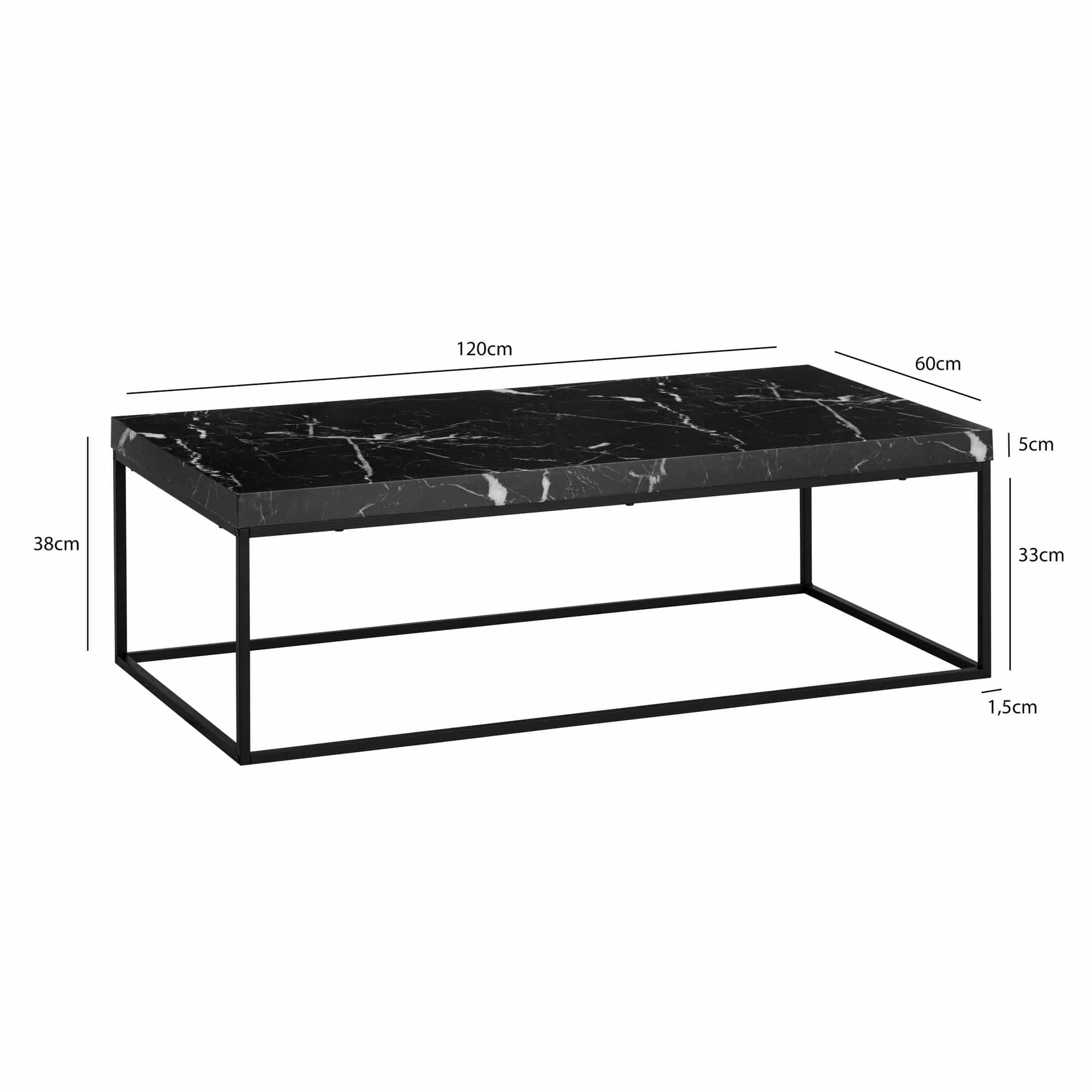 Couchtisch 120x60x38 cm Schwarz Sofatisch in Marmor-Optik Modern