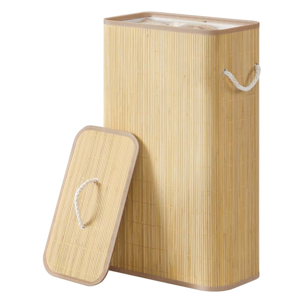 Wäschekorb mit Deckel, 60 L, Wäschesammler Bambus