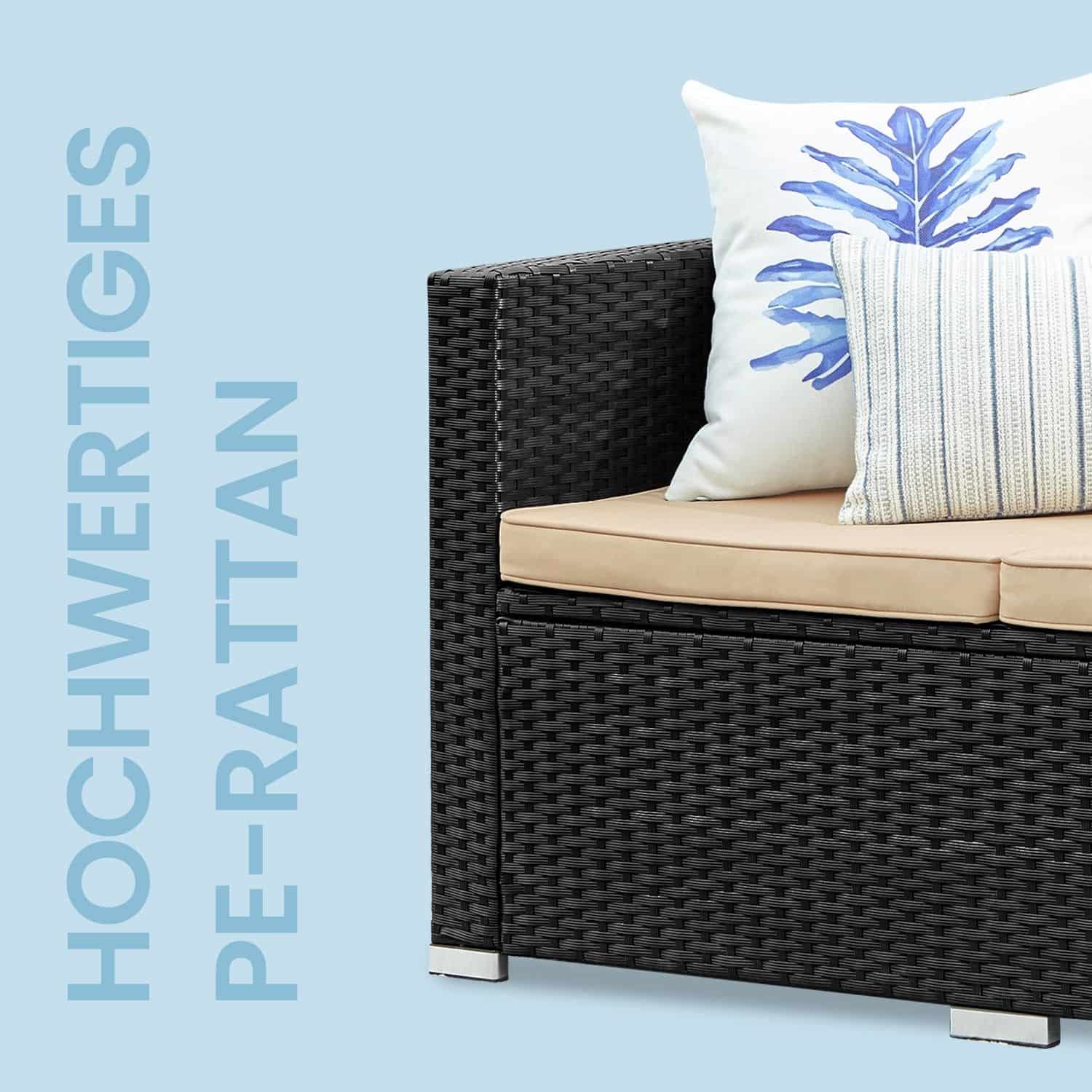 Gartenmöbel-Set, Terrassenmöbel aus PE-Polyrattan, Balkonmöbel mit Kissen und Glastisch Gartenmöbel-Set, Terrassenmöbel aus PE-Polyrattan, Balkonmöbel mit Kissen und Glastisch