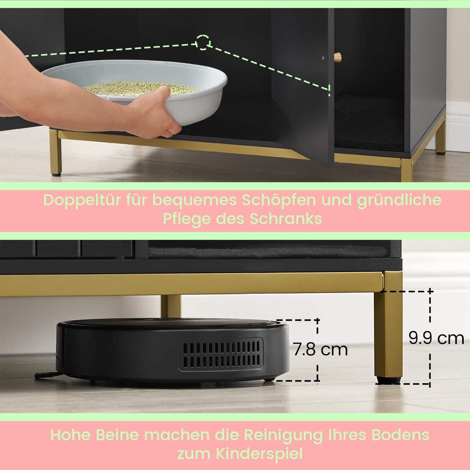 Katzenklo-Schrank mit Kratzmatte und Beinen goldfarben Katzenklo-Schrank mit Kratzmatte und Beinen goldfarben