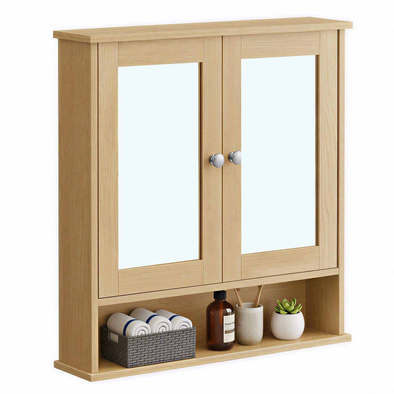 Wandschrank mit Spiegel, Badschrank mit 2 Spiegeltüren und offenem Fach, verstellbare Ablage Wandschrank mit Spiegel, Badschrank mit 2 Spiegeltüren und offenem Fach, verstellbare Ablage