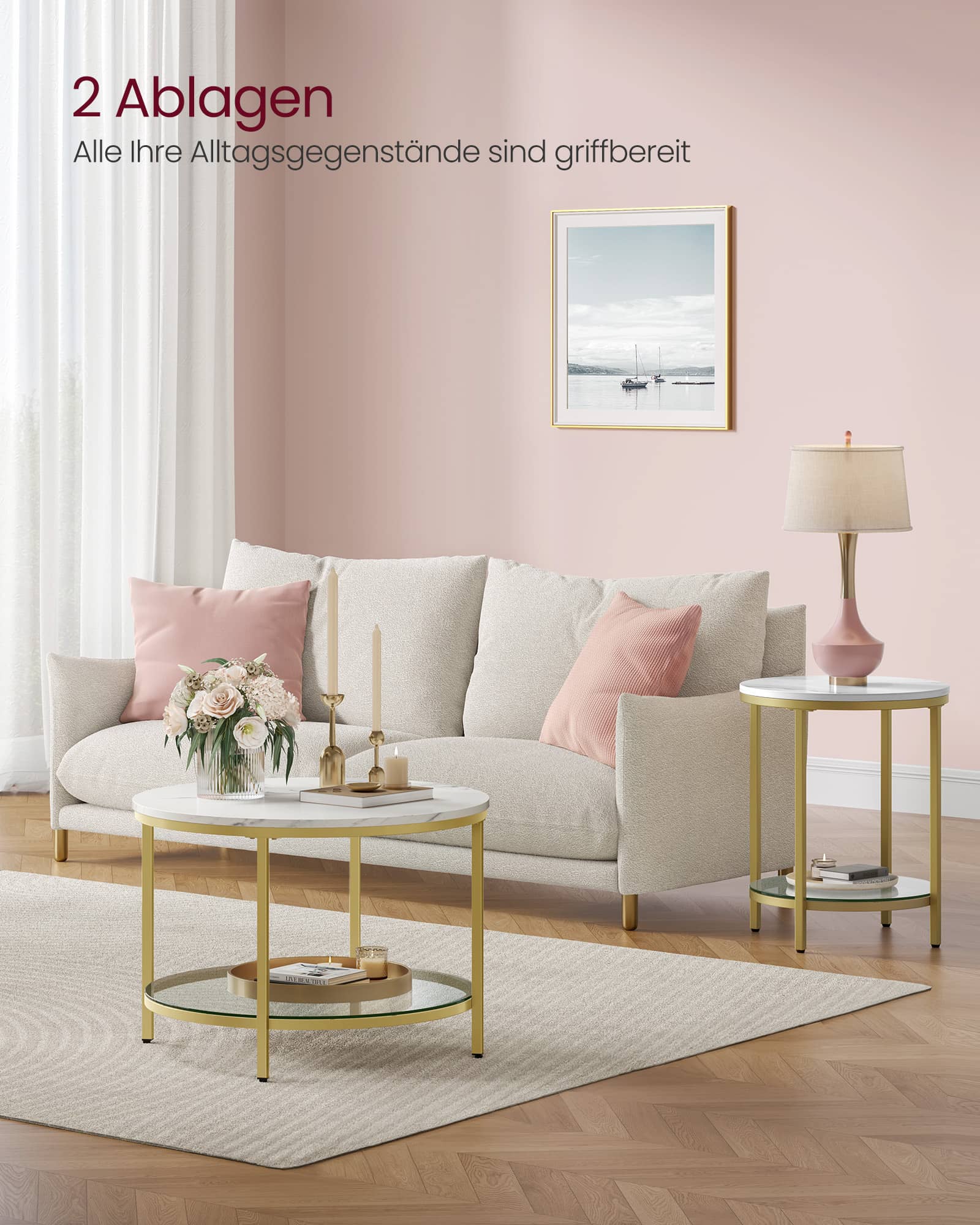 Couchtisch 2 Ebenen mit Glasplatte marmorweiß-helles Gold Couchtisch 2 Ebenen mit Glasplatte marmorweiß-helles Gold