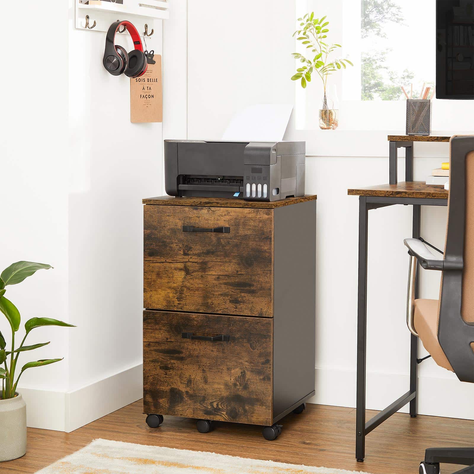 VASAGLE Rollcontainer - Vintagebraun-Schwarz, Büroschrank mit 2 Schubladen für A4 und Letter, Industriestil, inkl. Hängeregistratur, Möbel online kaufen mit Ratenzahlung bei Myhomelando