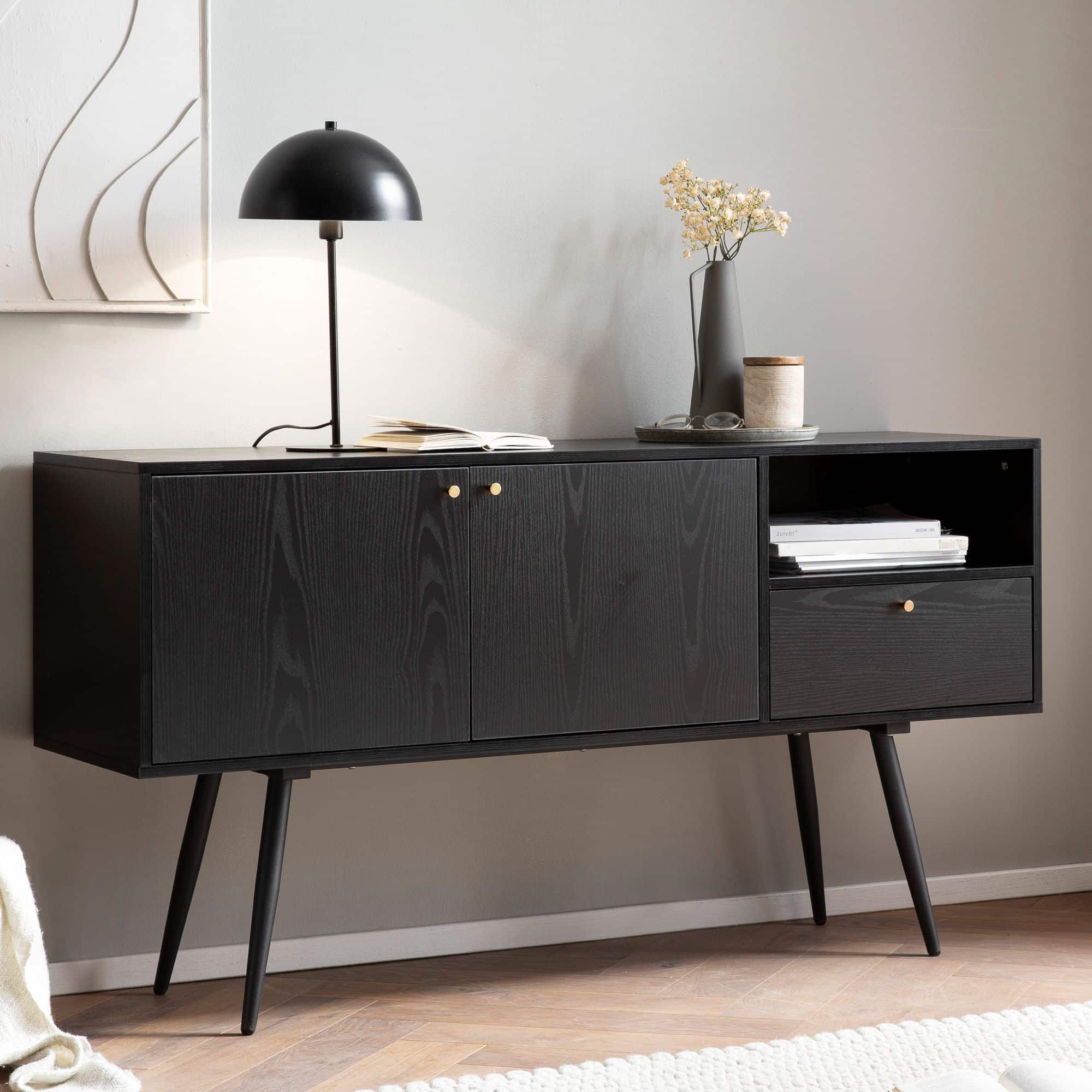 Sideboard 140x75x40 cm Kommode Schwarz mit Eiche-Dekor Zeitlos Sideboard 140x75x40 cm Kommode Schwarz mit Eiche-Dekor Zeitlos