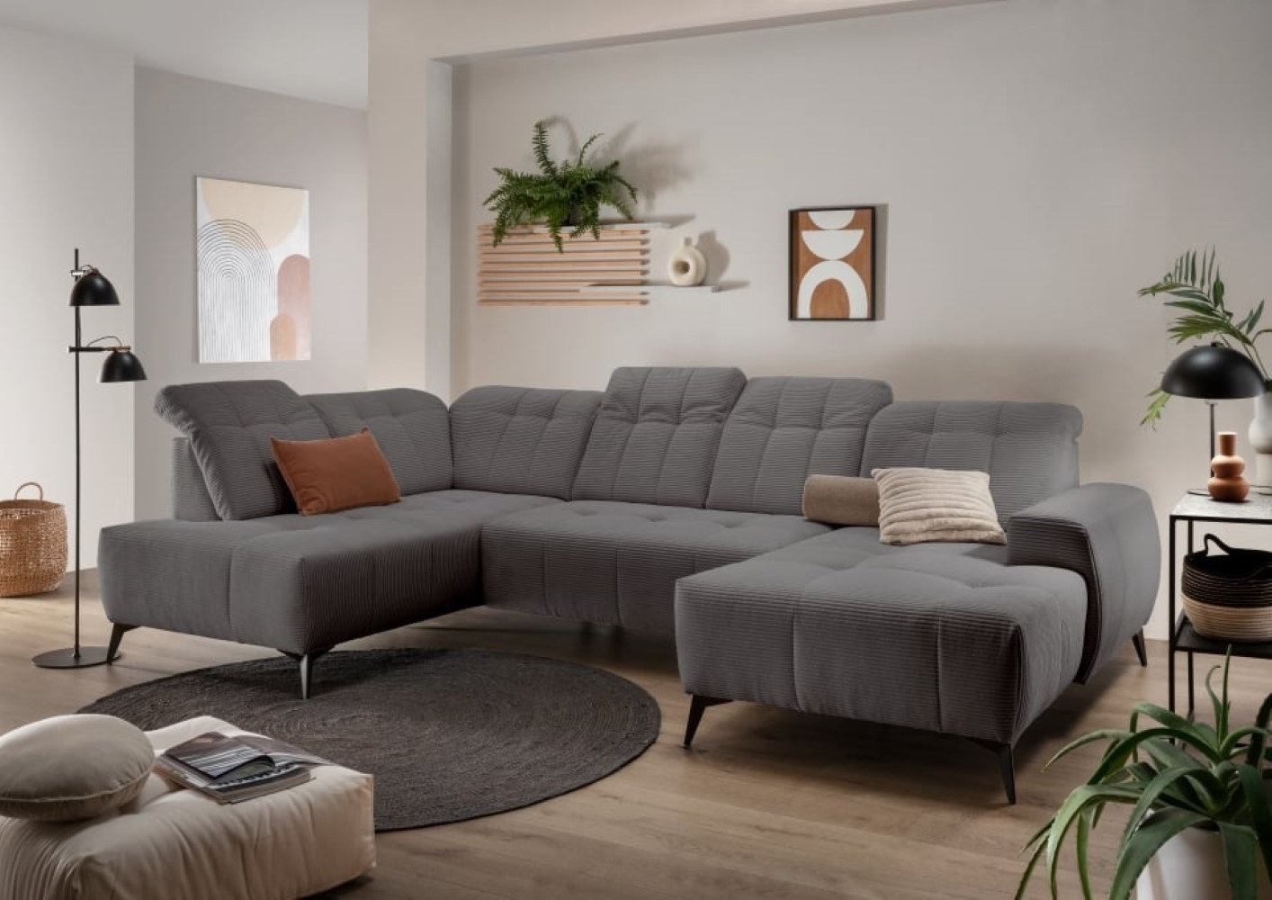 Cord Wohnlandschaft mit Elektrofunktion in Grau: Sano Cord Wohnlandschaft mit Elektrofunktion in Grau: Sano