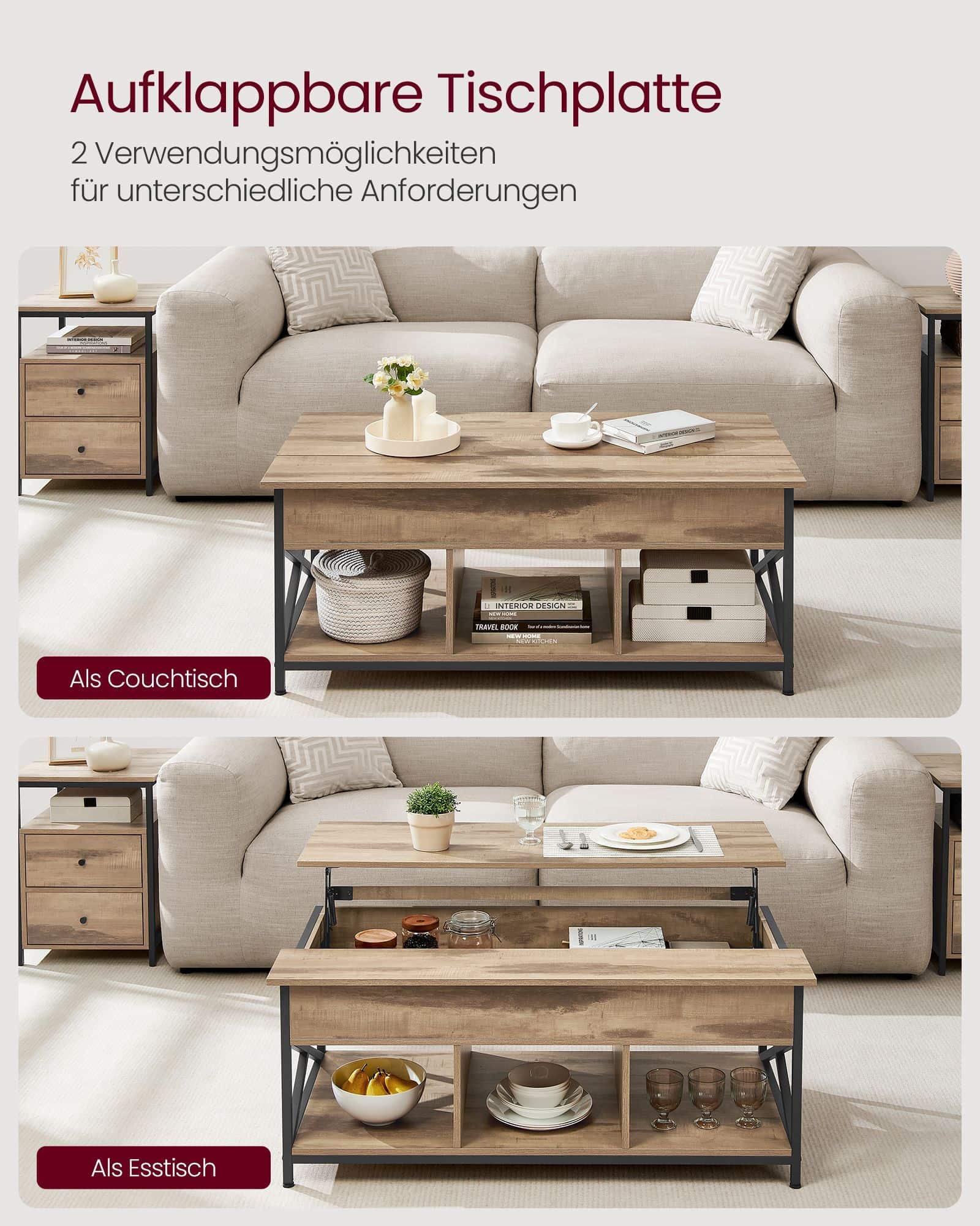 Couchtisch mit offenem und verstecktem Stauraum Couchtisch mit offenem und verstecktem Stauraum