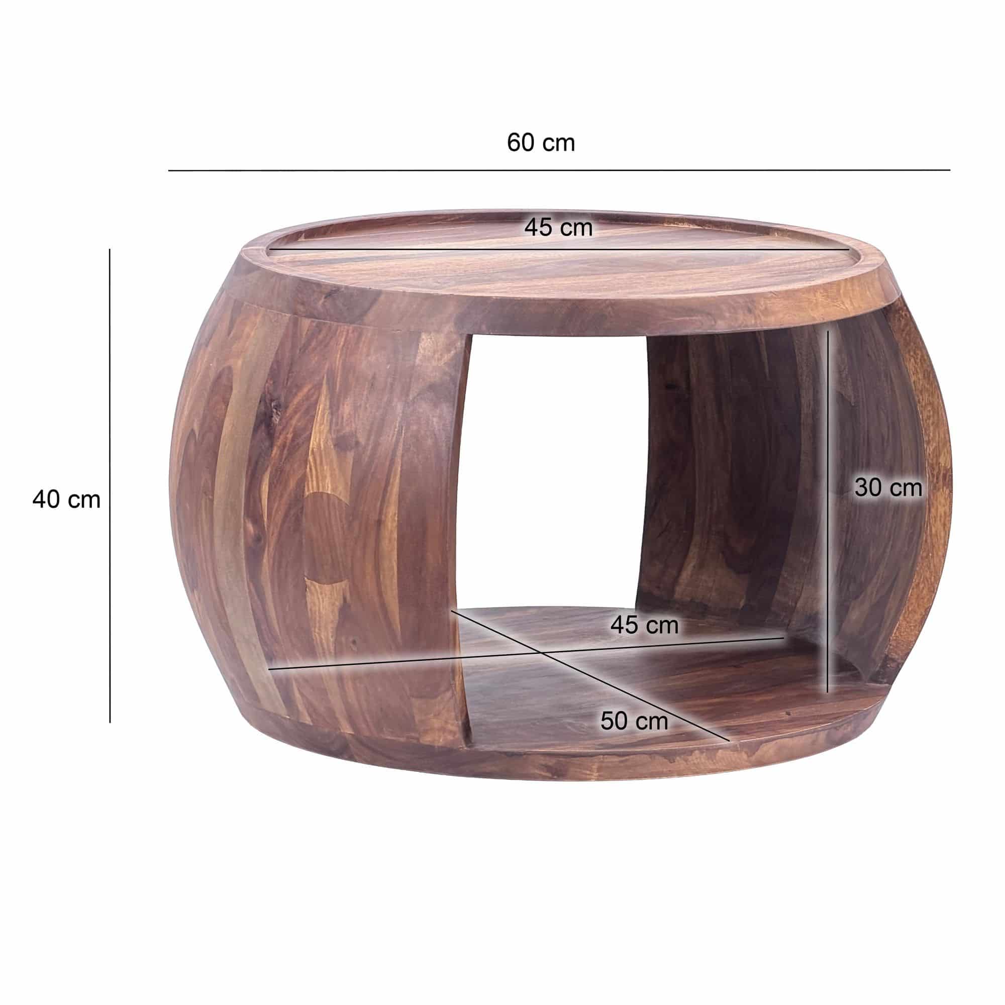Couchtisch Sheesham Massivholz rund 60 cm x 50 cm x 40 cm · Wohnzimmertisch mit Ablagefach · Handgefertigter Sofatisch aus Echtholz im natürlichen Landhaus Design