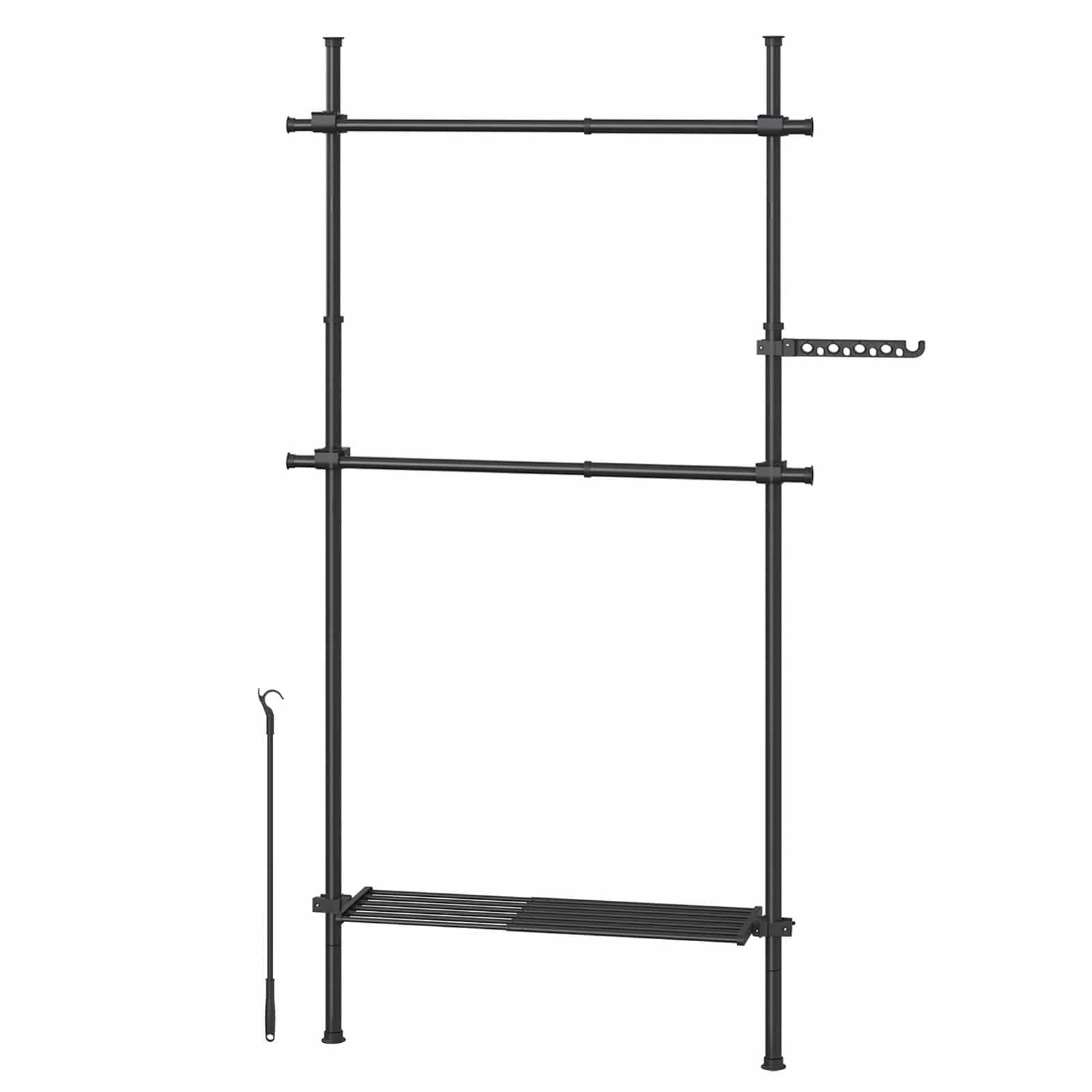 3-stufiger Kleiderständer, höhen- und breitenverstellbar, offene Garderobe mit 2 Kleiderstangen und 1 Ablage 3-stufiger Kleiderständer, höhen- und breitenverstellbar, offene Garderobe mit 2 Kleiderstangen und 1 Ablage