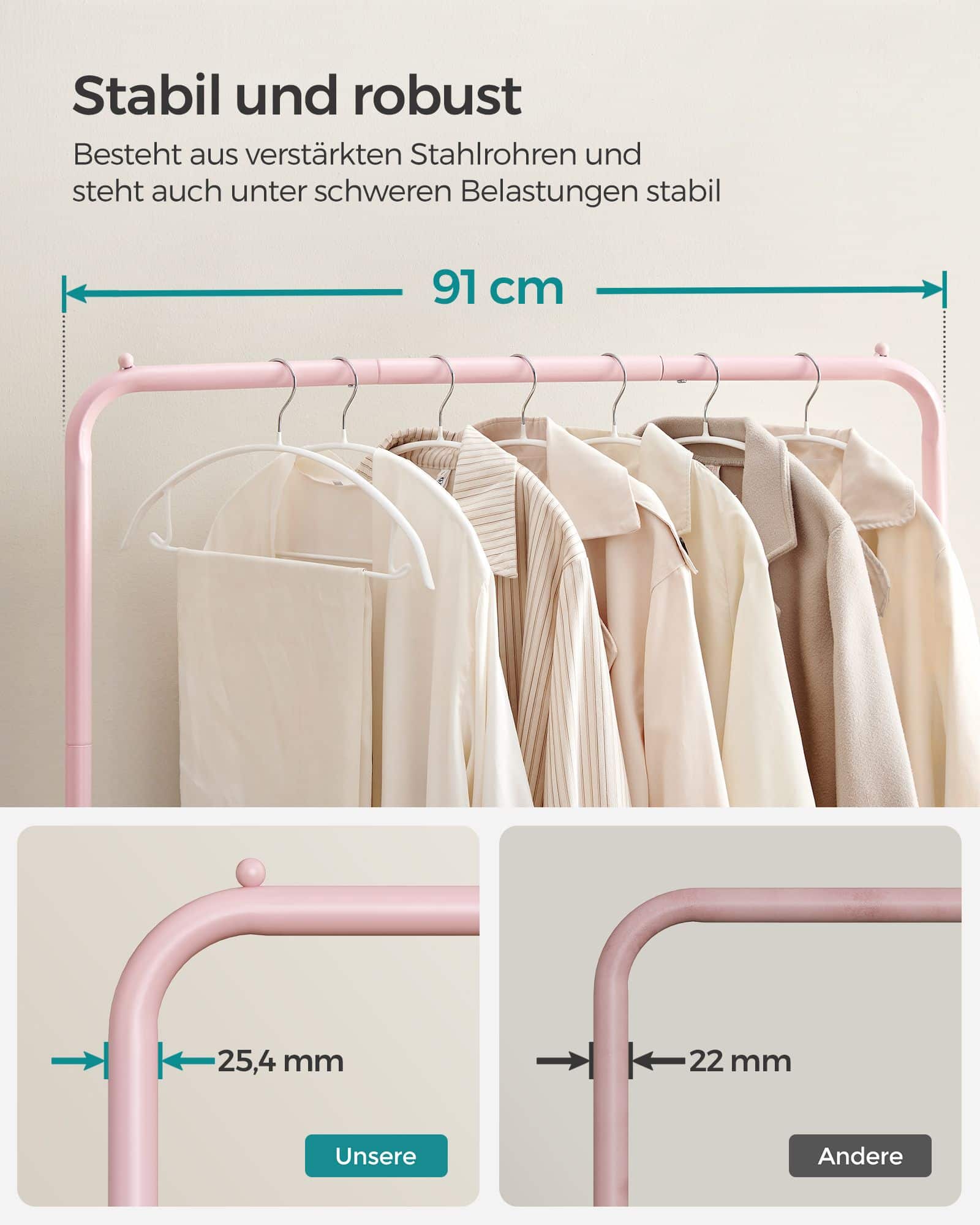 Kleiderständer 91 cm breit auf Rollen pastellrosa Kleiderständer 91 cm breit auf Rollen pastellrosa