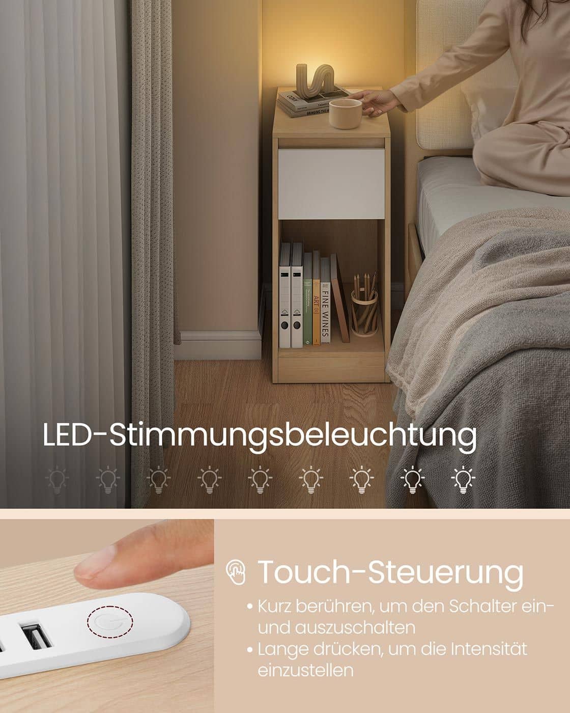 Nachttisch mit LED Beleuchtung USB Anschlüssen und Schublade