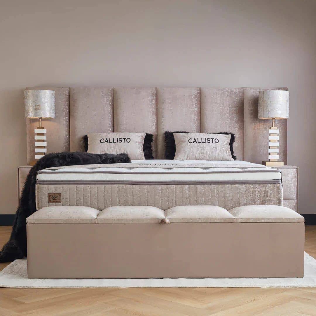 Boxspringbett Calisto Beige – ABC Bedding mit Stauraum & Samtbezug Boxspringbett Calisto Beige – ABC Bedding mit Stauraum & Samtbezug