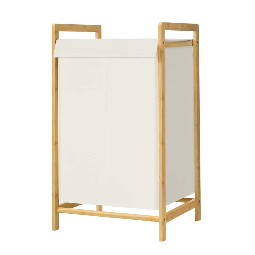 Wäschesammler mit Deckel, 2 Fächer Wäschekorb mit Bambusrahmen, Wäschesack abnehmbar Wäschesammler mit Deckel, 2 Fächer Wäschekorb mit Bambusrahmen, Wäschesack abnehmbar